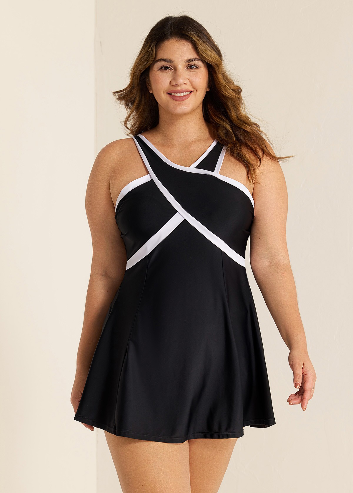 Black And White Cross Front High Neck One Piece Swimdress