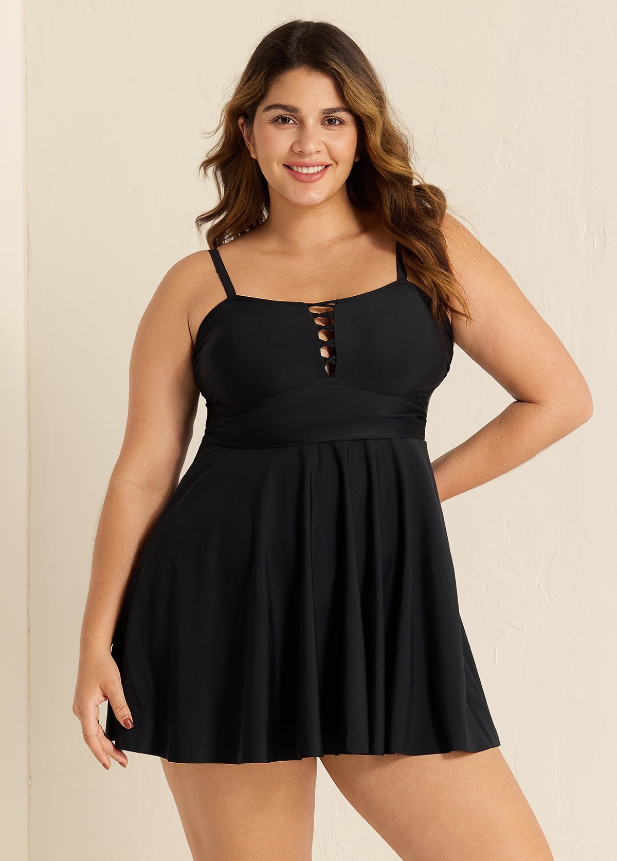 Black Crisscross Detailing Flowy Swimdress Top