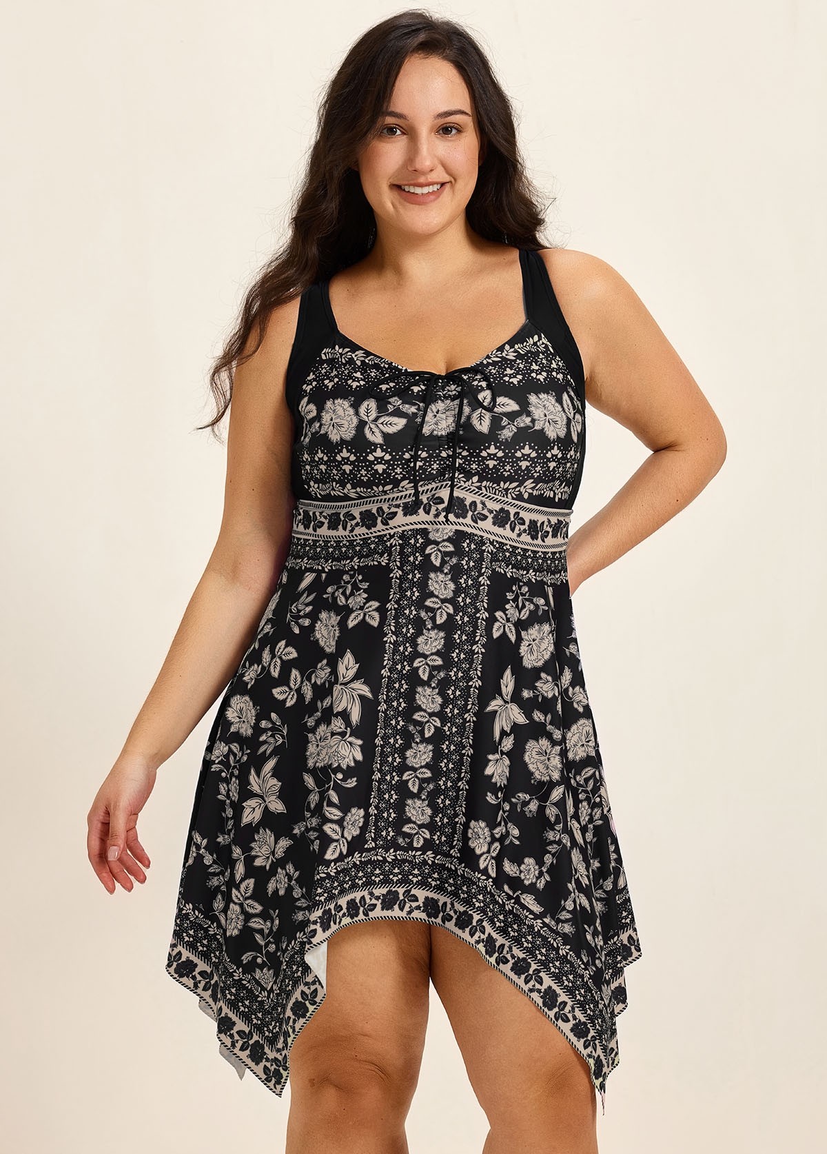 Curvy Yellow Floral Flattering Drawstring Asymmetrical Hem Swimsuit Long One Piece Swimdress