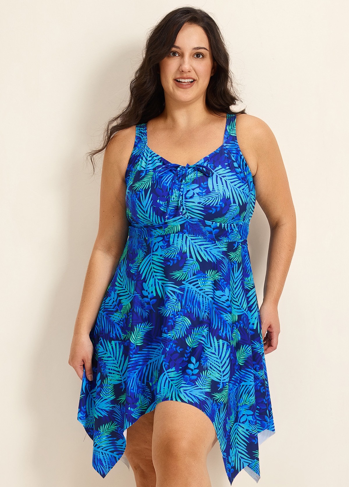 Tropical Leaf Flattering Drawstring Asymmetrical Hem Plus Size Swimsuit One Piece Swimdress