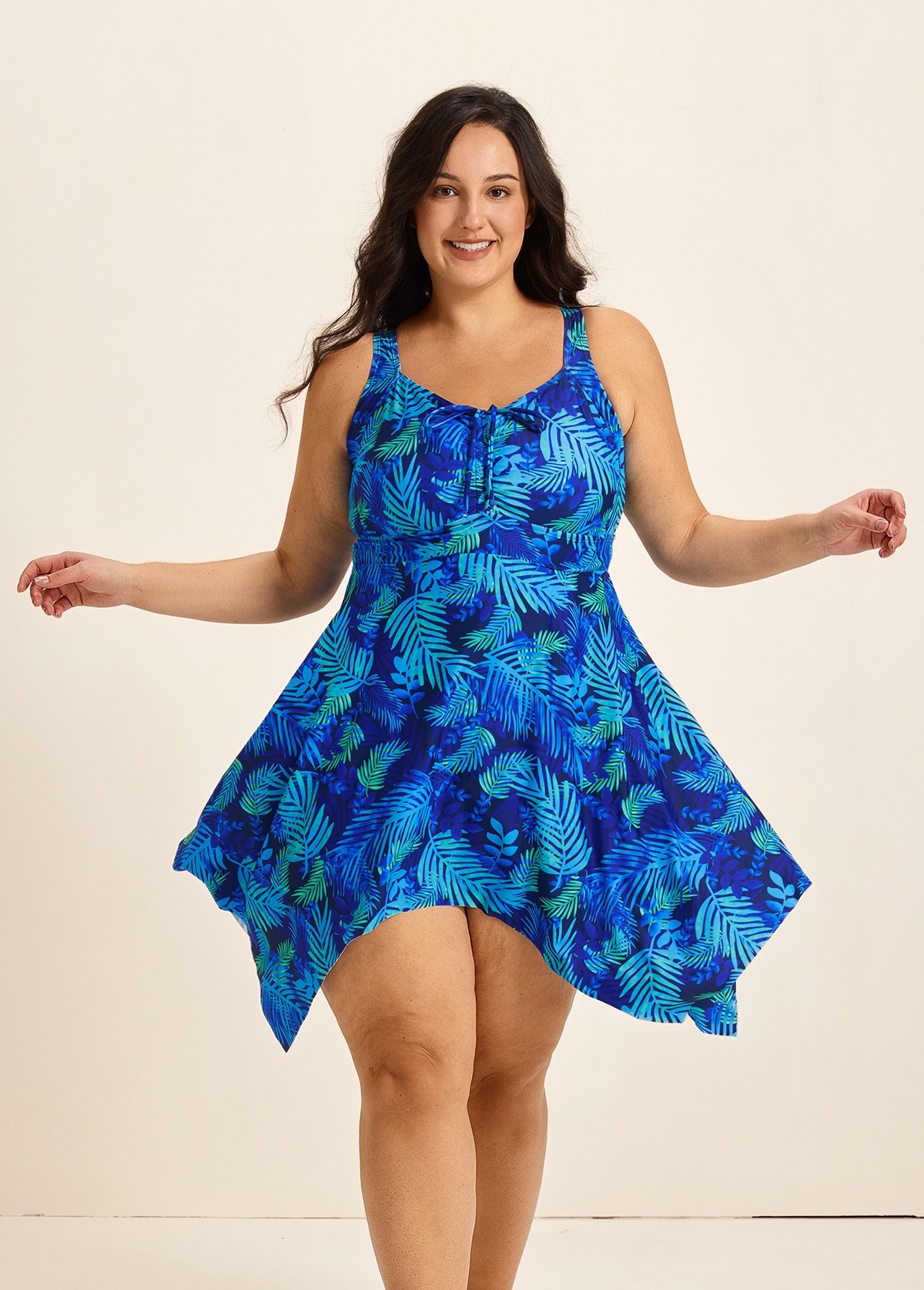 Tropical Leaf Flattering Drawstring Asymmetrical Hem Plus Size Swimsuit One Piece Swimdress