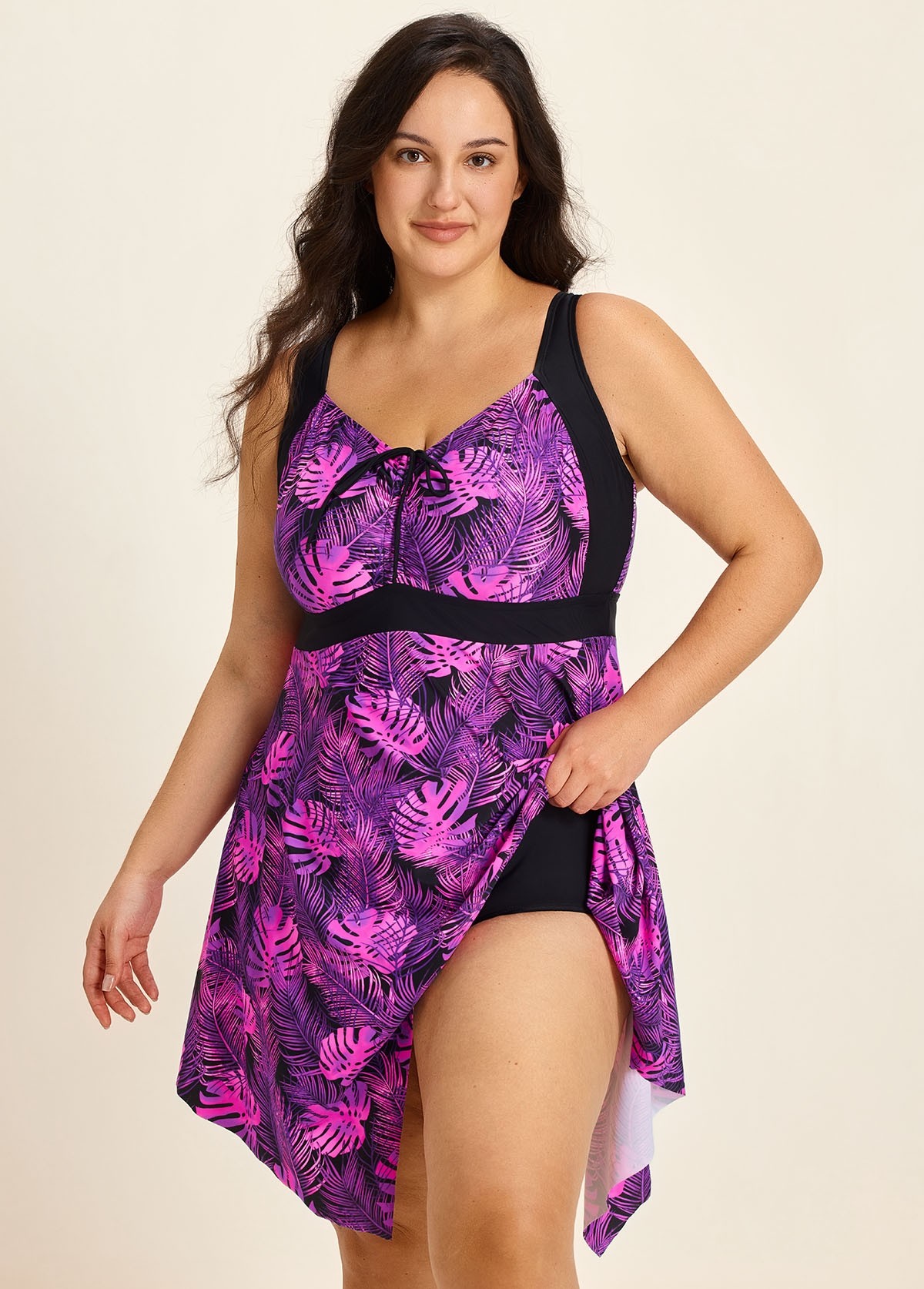 Purle Tropical Leaf Modest Drawstring Asymmetrical Hem Curvy Swimsuit One Piece Swimdress