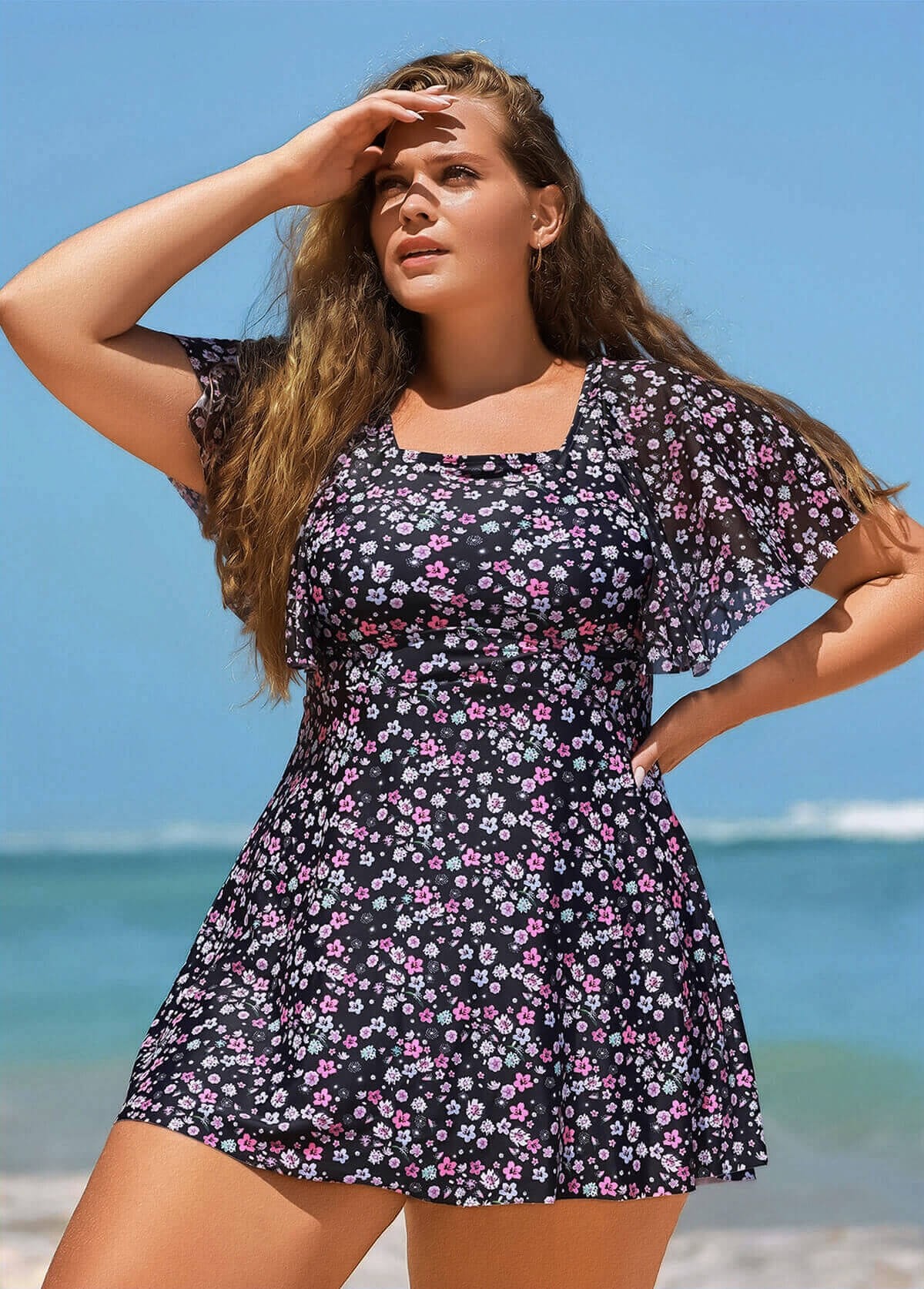 Romantic Floral Flounce Sleeve Square Neck Swimdress Set