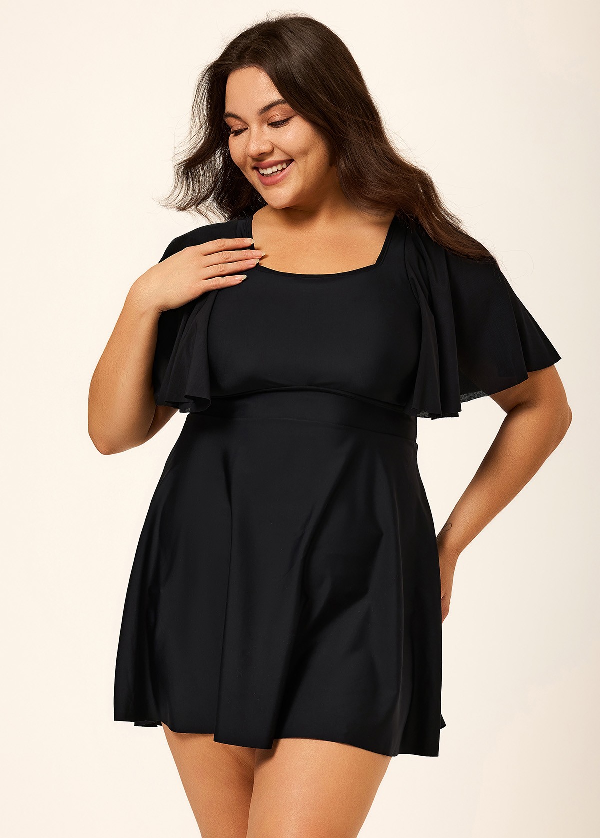 Black Ruffle Sleeves Square Neck Modest Plus Size Swimdress Swimsuit Top