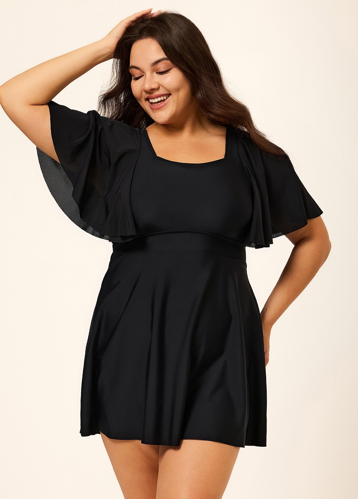 Black Ruffle Sleeves Square Neck Modest Plus Size Swimdress Swimsuit Top
