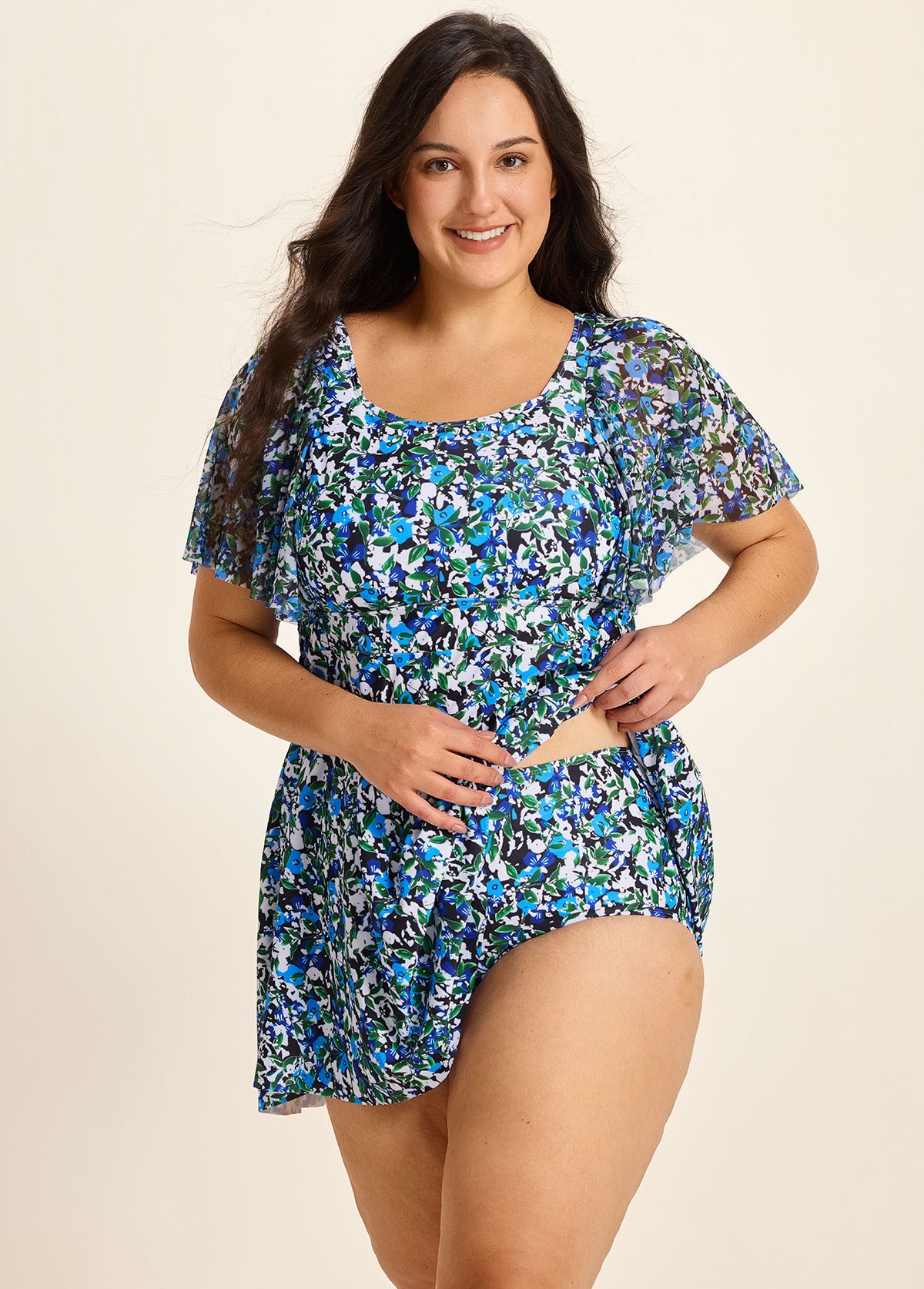 Plus Size Blue Green Floral Print Mesh Short Sleeves Padded Ruffle Swimsuit Swimdress Set