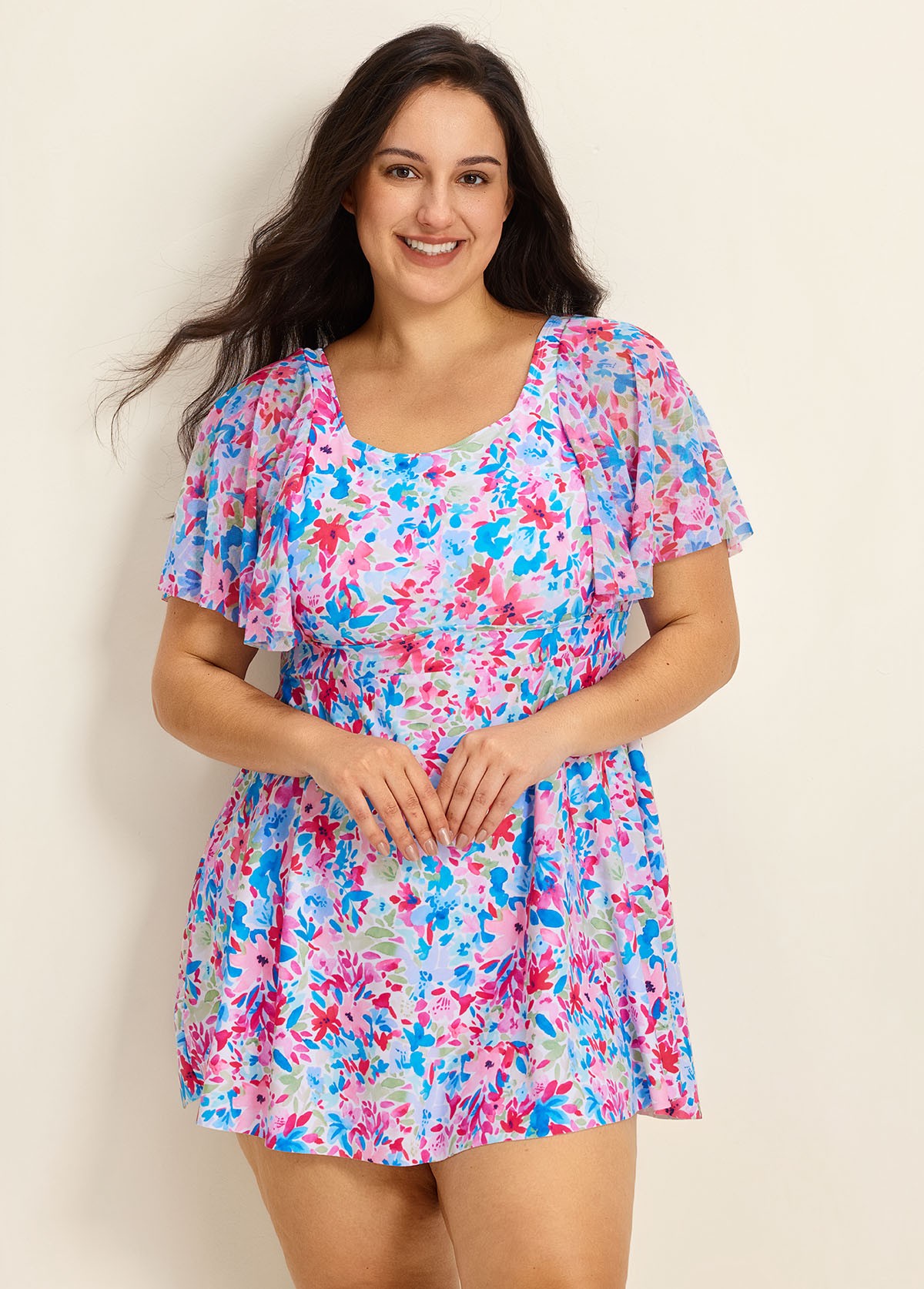 Curvy Pink Floral Square Neck Mesh Short Sleeves Vintage Ruffle Swimsuit Swimdress Set