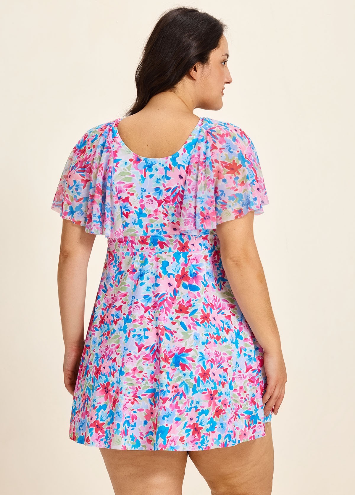 Curvy Pink Floral Square Neck Mesh Short Sleeves Vintage Ruffle Swimsuit Swimdress Set