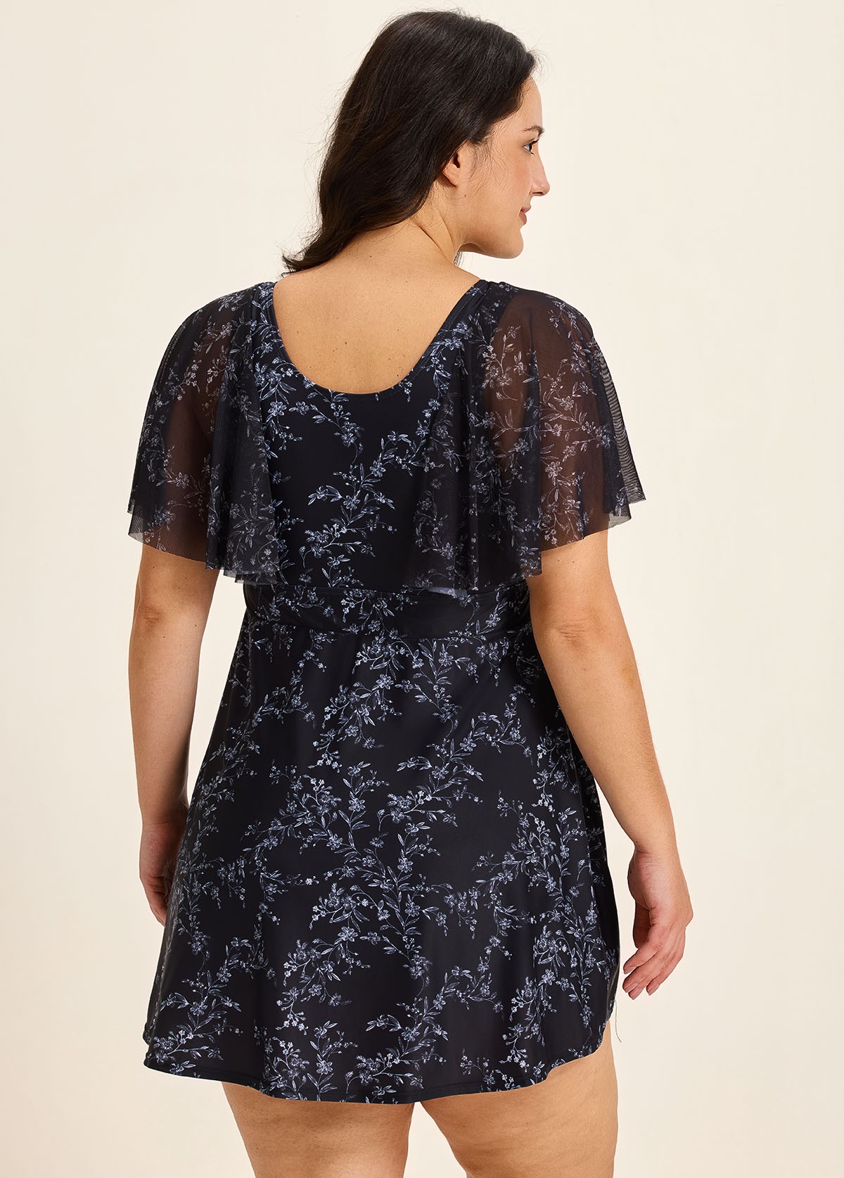 Black Floral Square Neck Mesh Short Sleeves Modest Ruffle Plus Size Swimsuit Swimdress Set