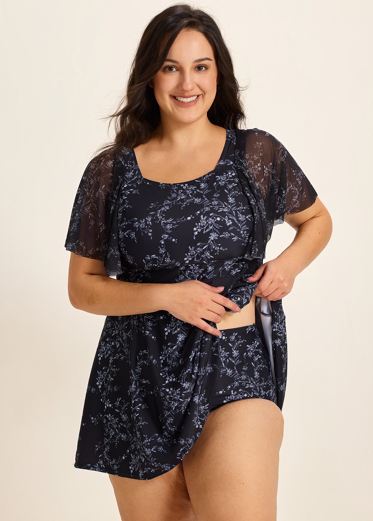 Black Floral Square Neck Mesh Short Sleeves Modest Ruffle Plus Size Swimsuit Swimdress Set