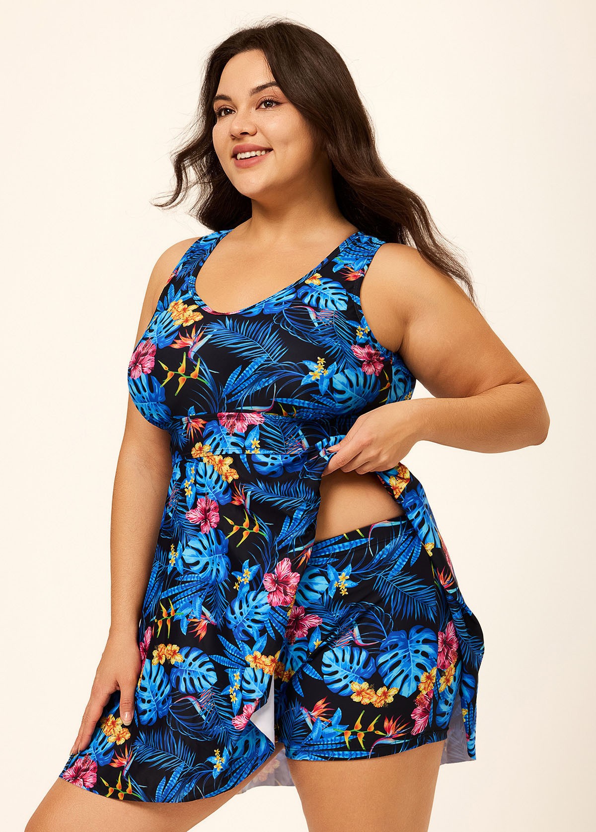 Romantic Blue Floral Print Back Cross Flowy Swim Dress Set
