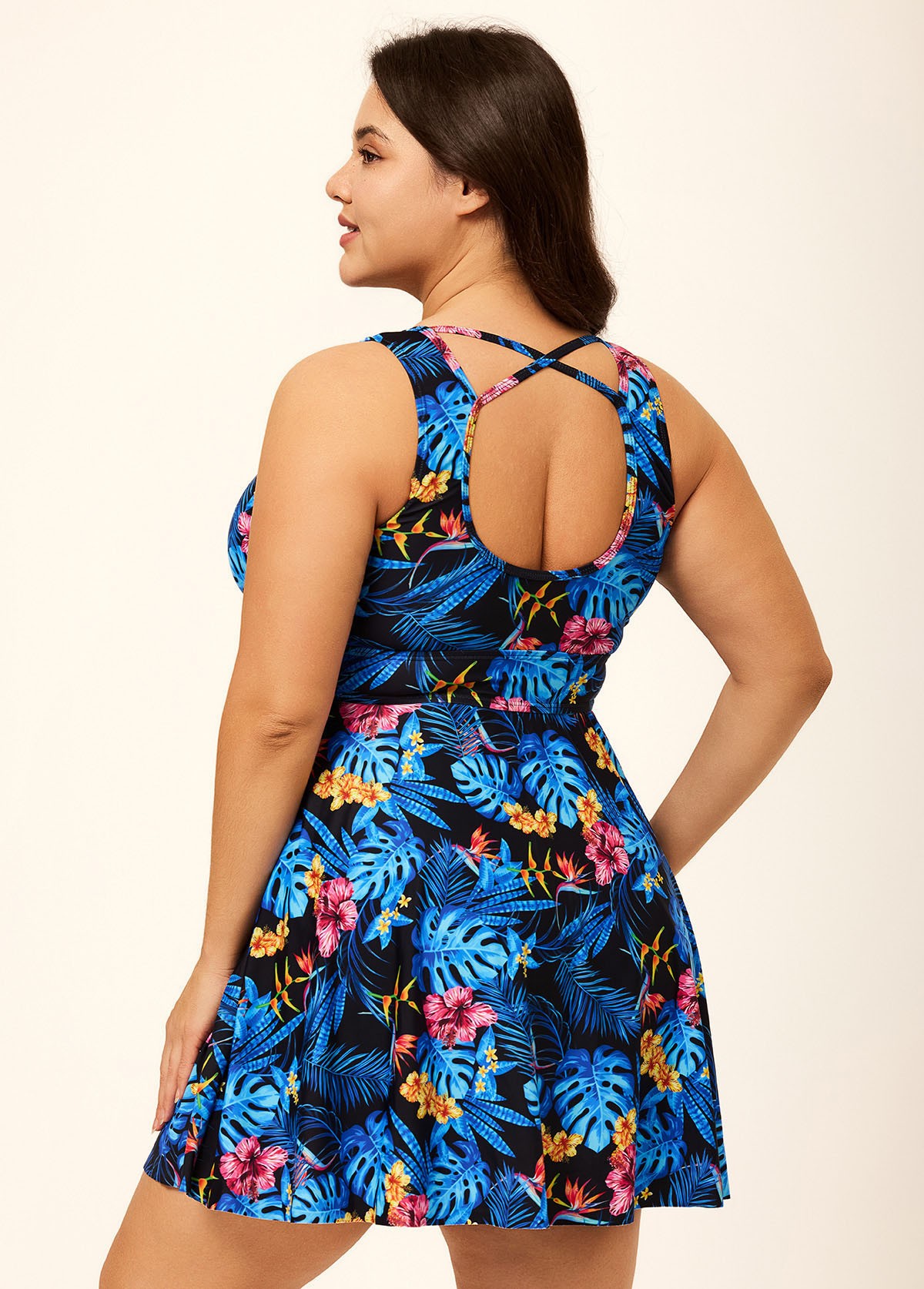 Romantic Blue Floral Print Back Cross Flowy Swim Dress Set