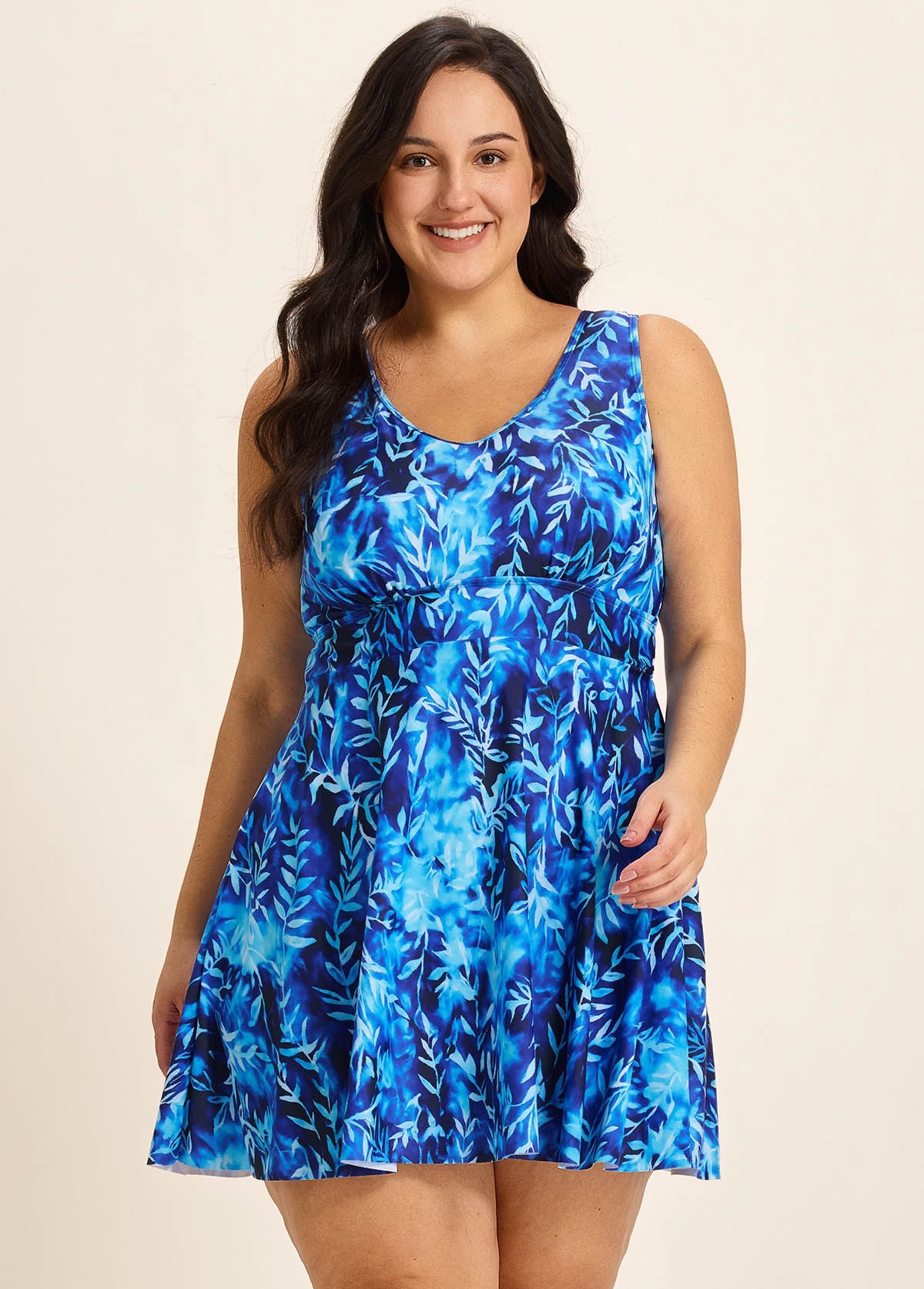 Plus Size Blue Leaf Vintage Padded Cross Back Women's Swimsuit Two Piece Swimdress Set