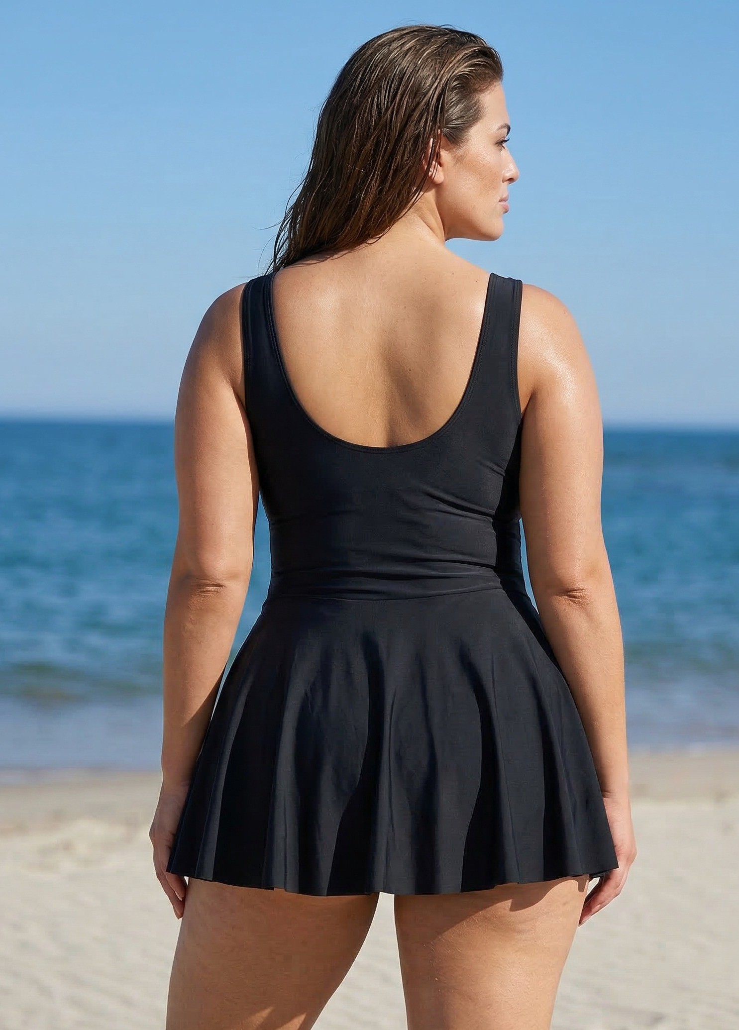 Black Ruched Wide Strap Fashionable Modest Plus Size One Piece Swimdress