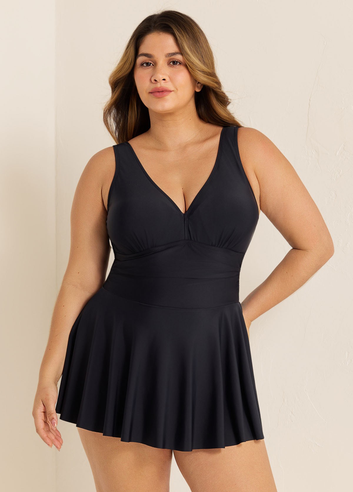 Black Ruched Wide Strap Fashionable Modest Plus Size One Piece Swimdress