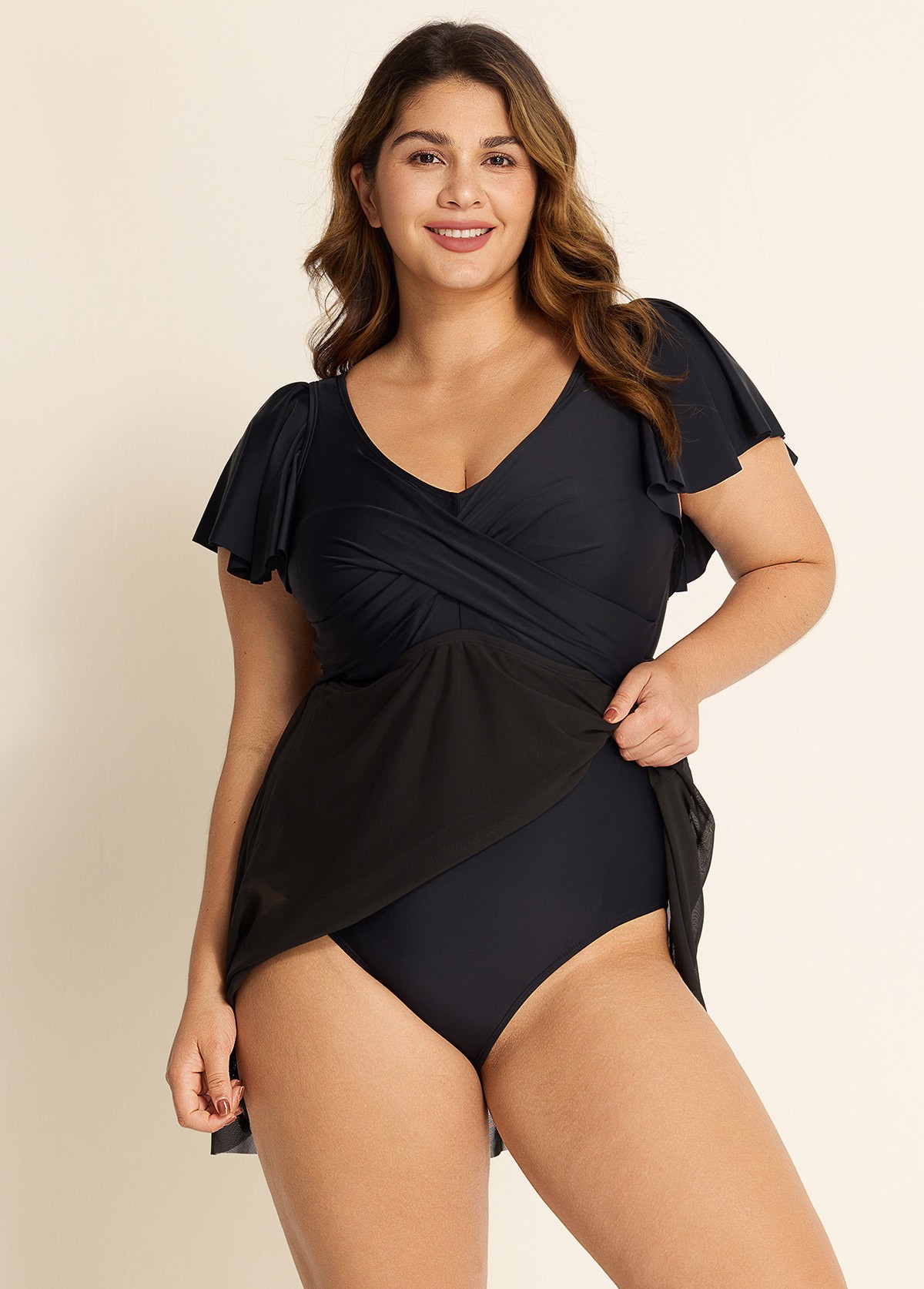 Mesh Skirt Hem And Sleeves One Piece Swimsuit With Cross Front Design