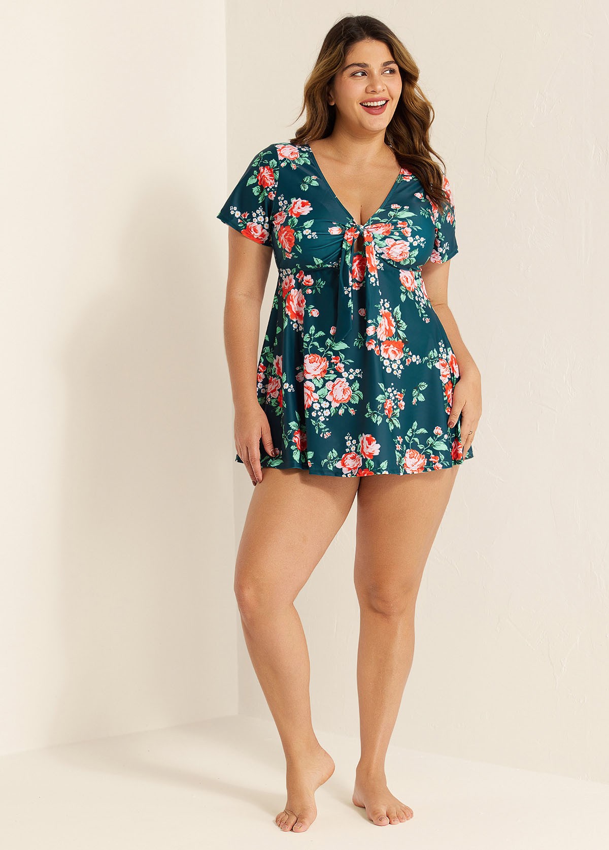 Plus Size Green Floral Short Sleeve Ladies Bathing Suits Swimdress Set