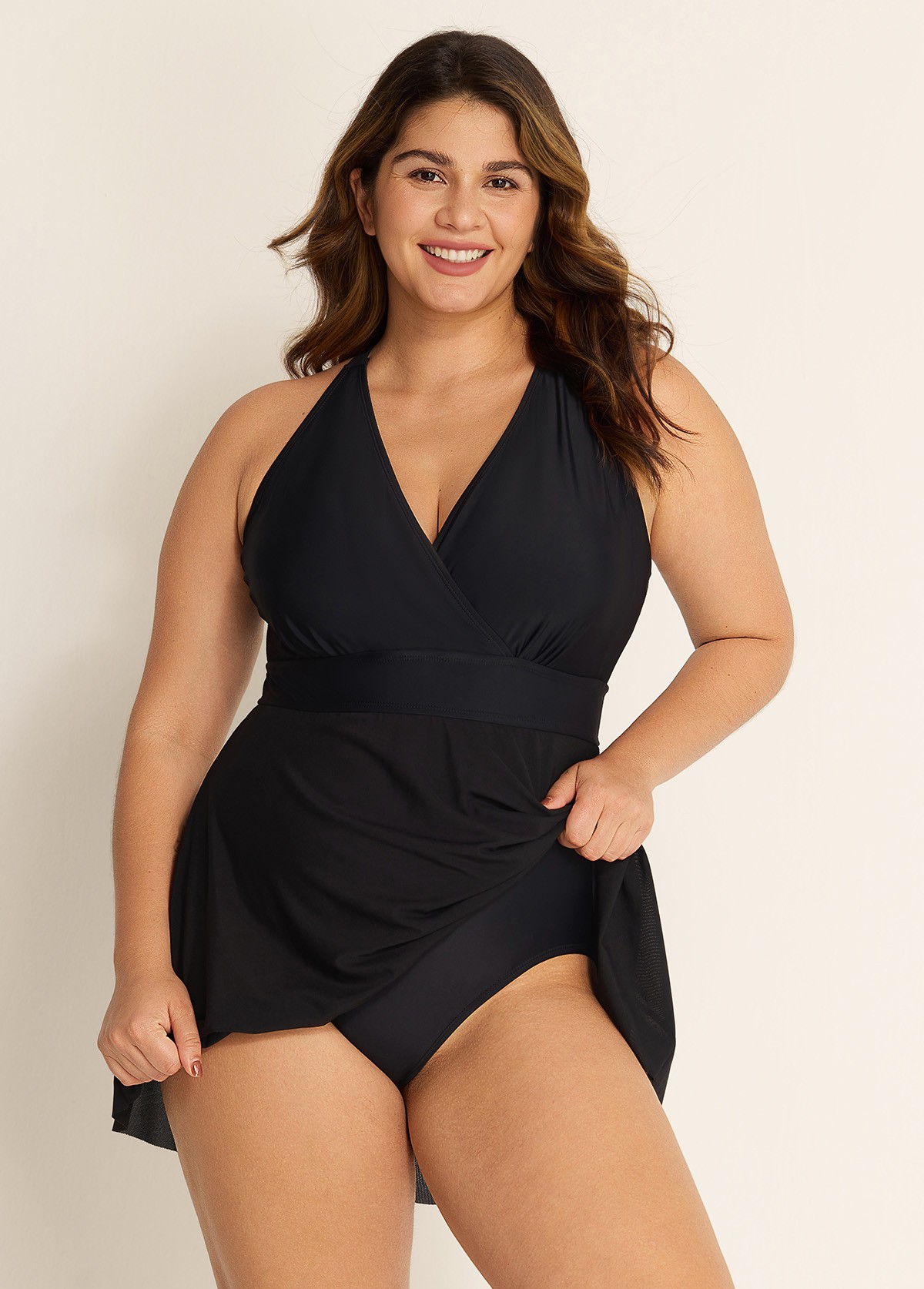 Black V Neck Mesh Fashion Plus Size One Piece Swimdress