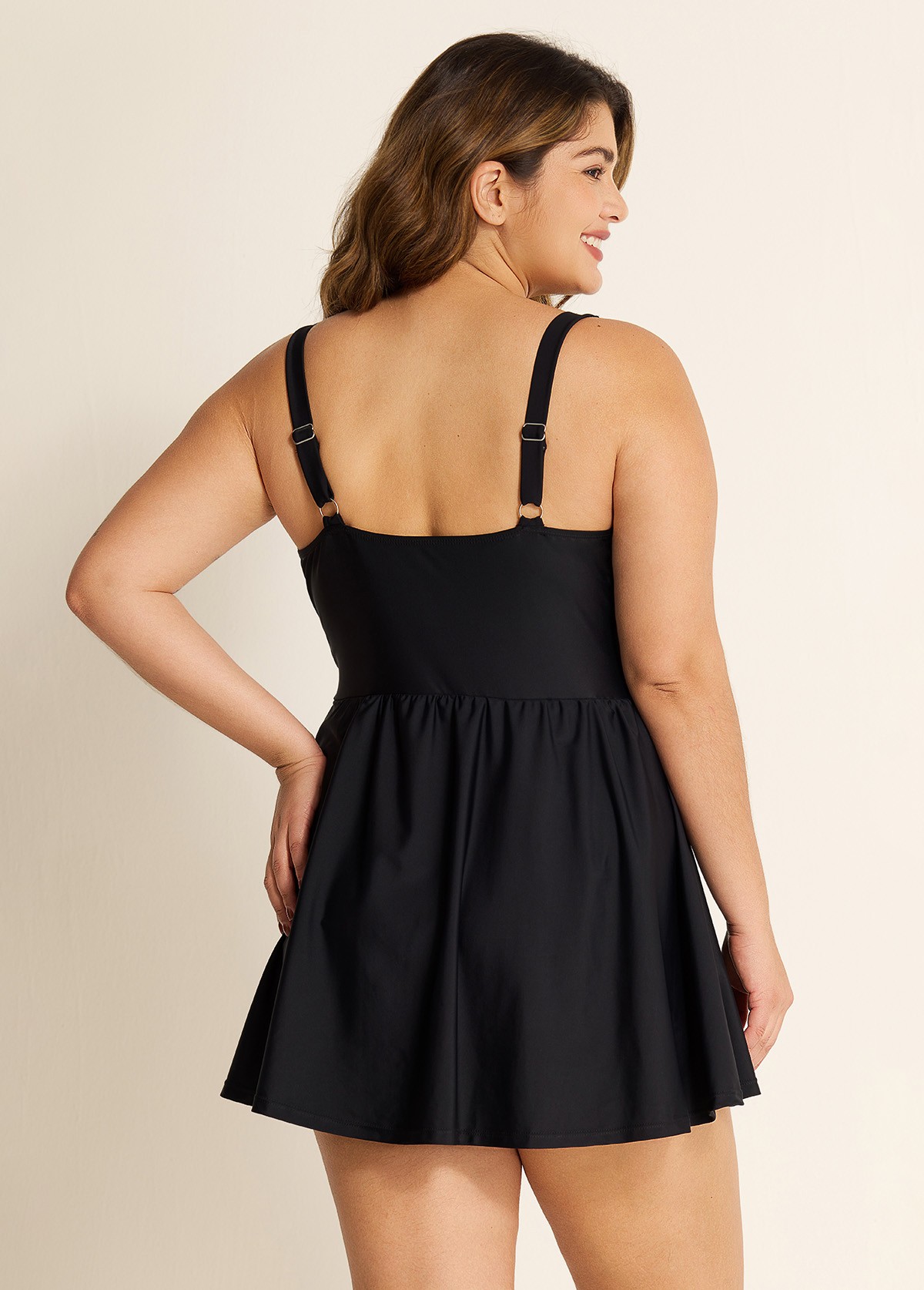 Black Plus Size Solid Color V Neck Ruffle One Piece Swimdress