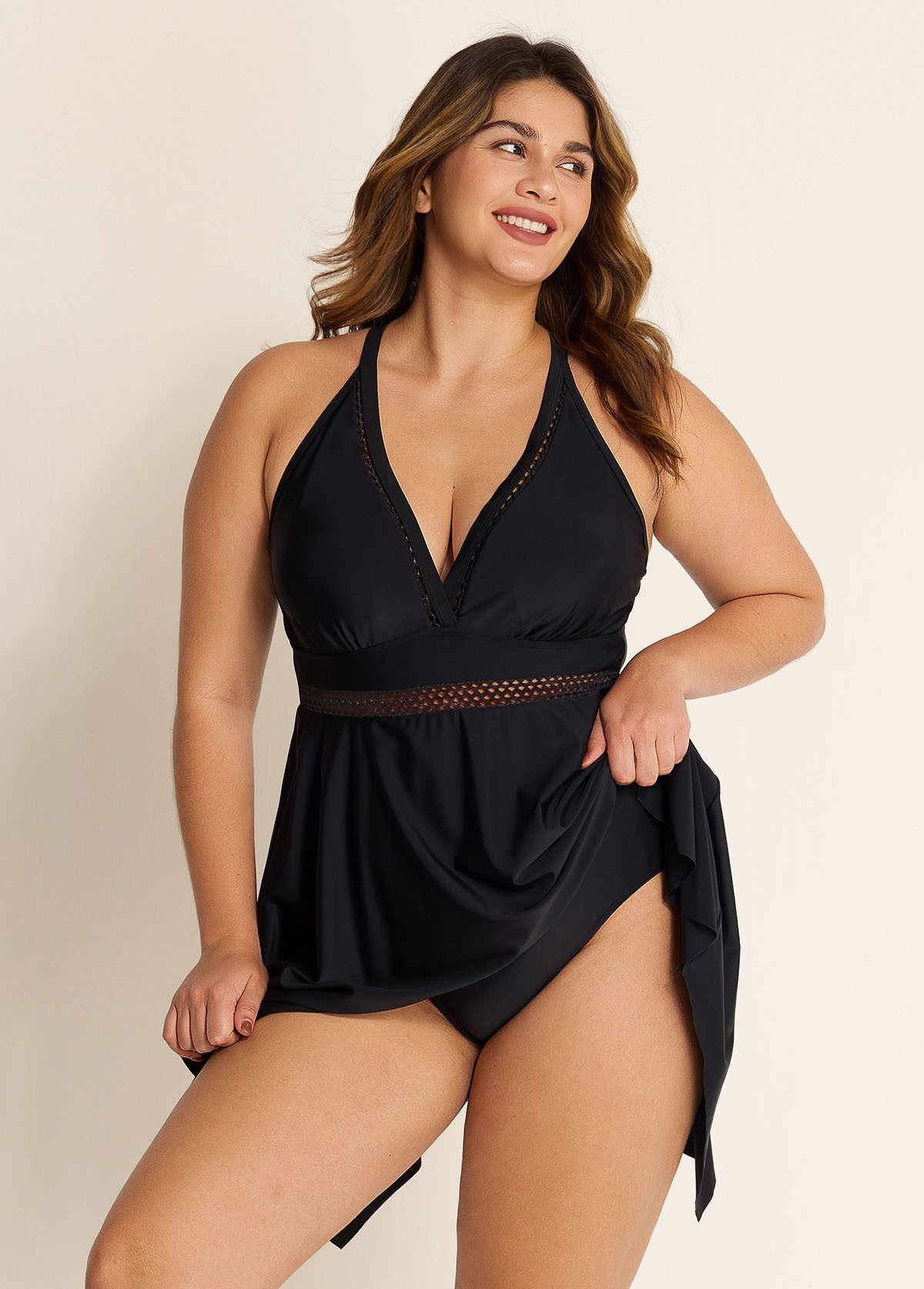 Black Plus Size V Neck Lace Mesh One Piece Swimdress