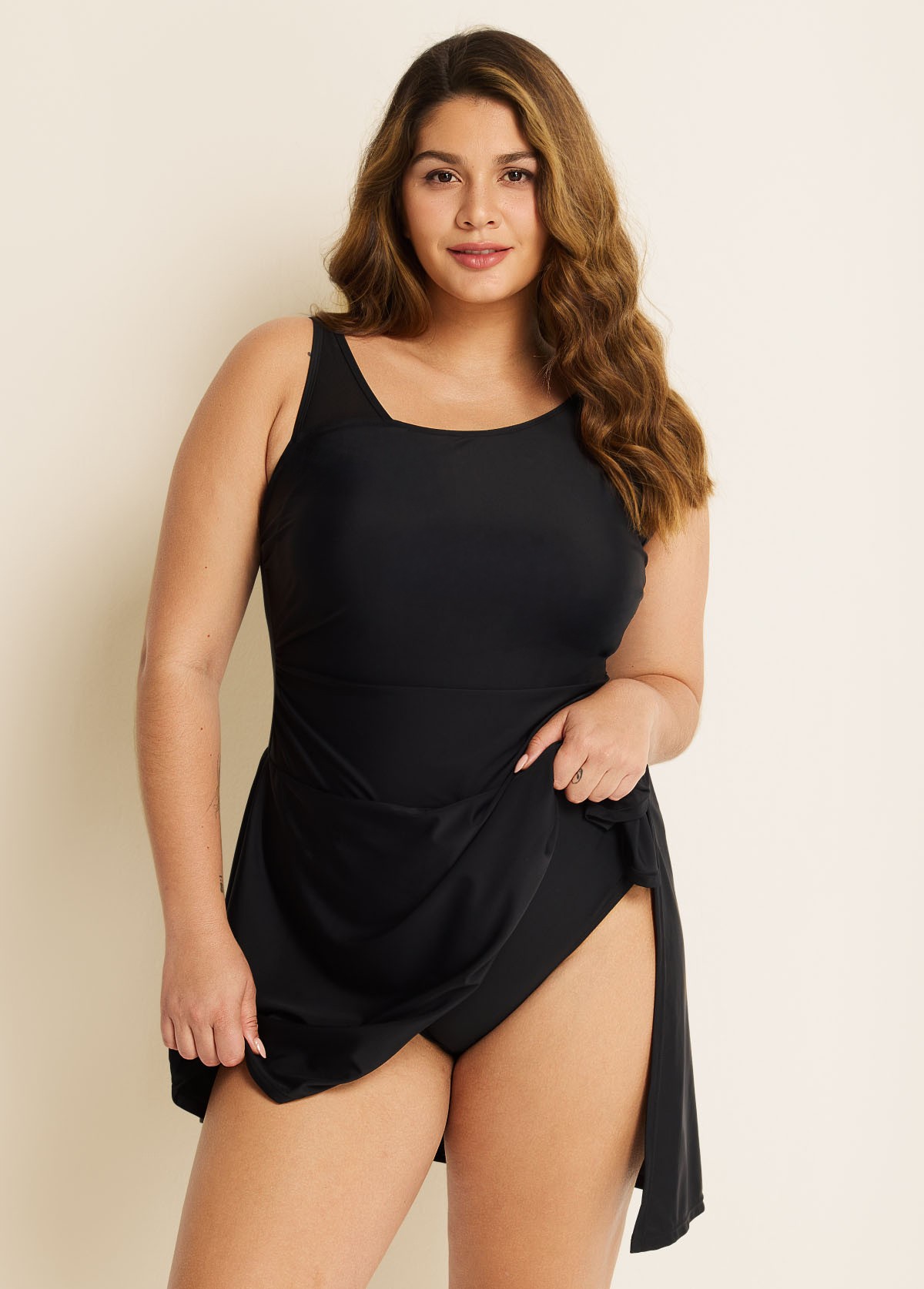 Black Mesh Irregular Straps Side Split One Piece Swimdress