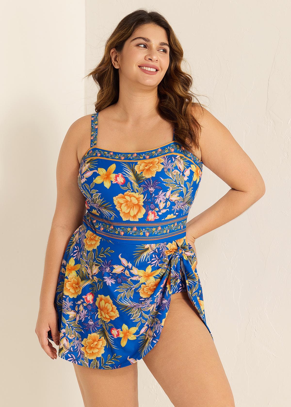 Curvy Blue Floral Side Tie Swimsuit One Piece Swimdress