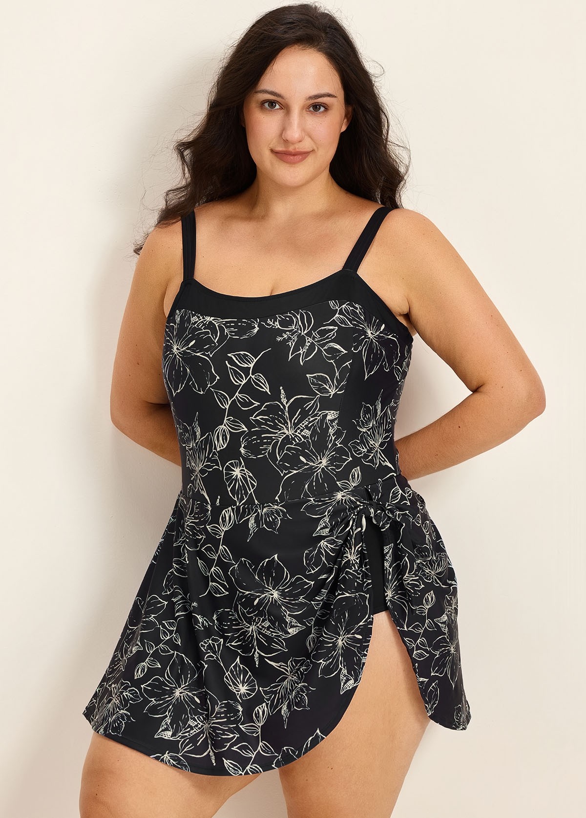 Plus Size Black Floral Flattering Side Knot Side Slit Women's Swimsuit One Piece Swimdress