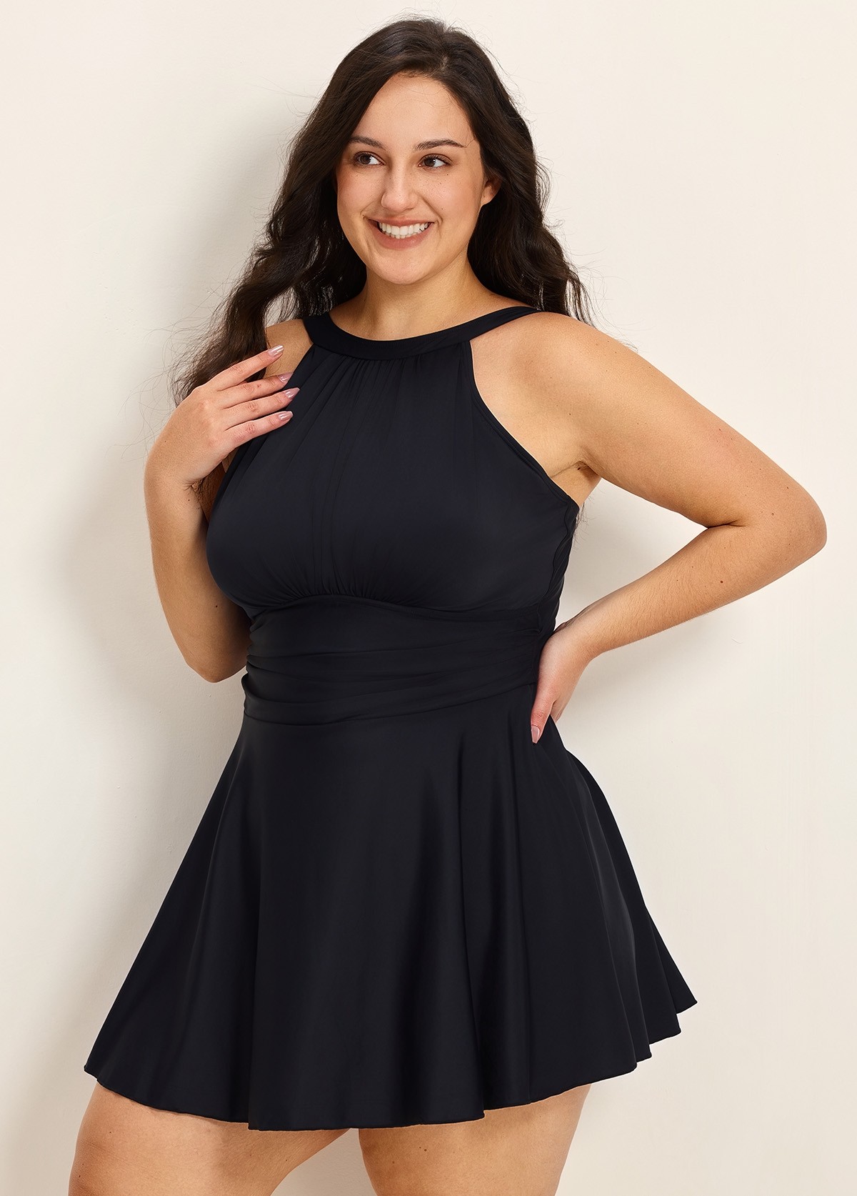 Black High Neck Side Tie With Shorts Curvy Swim Dress Swimsuit Two Pieces Swimdress Set