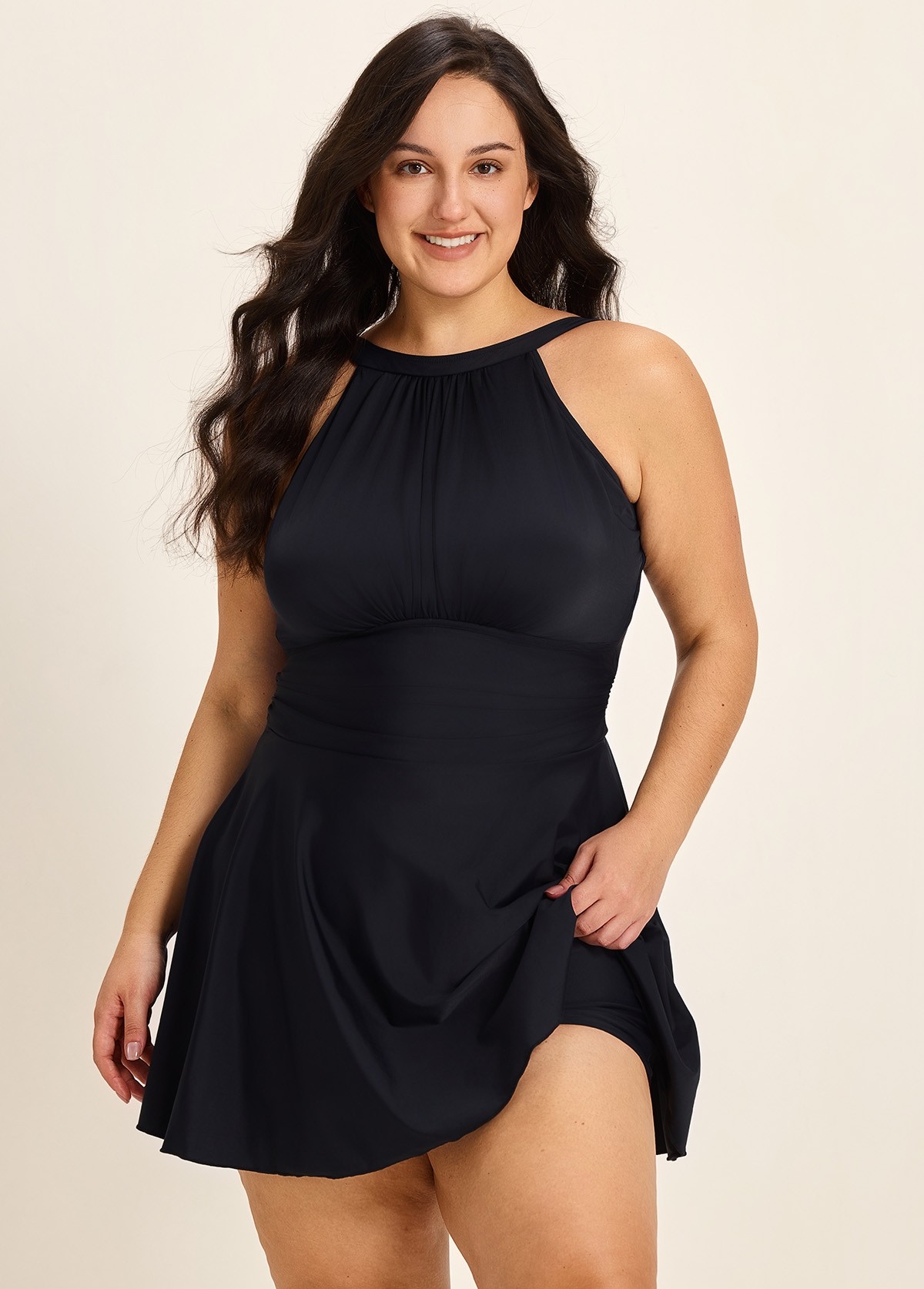 Black High Neck Side Tie With Shorts Curvy Swim Dress Swimsuit Two Pieces Swimdress Set