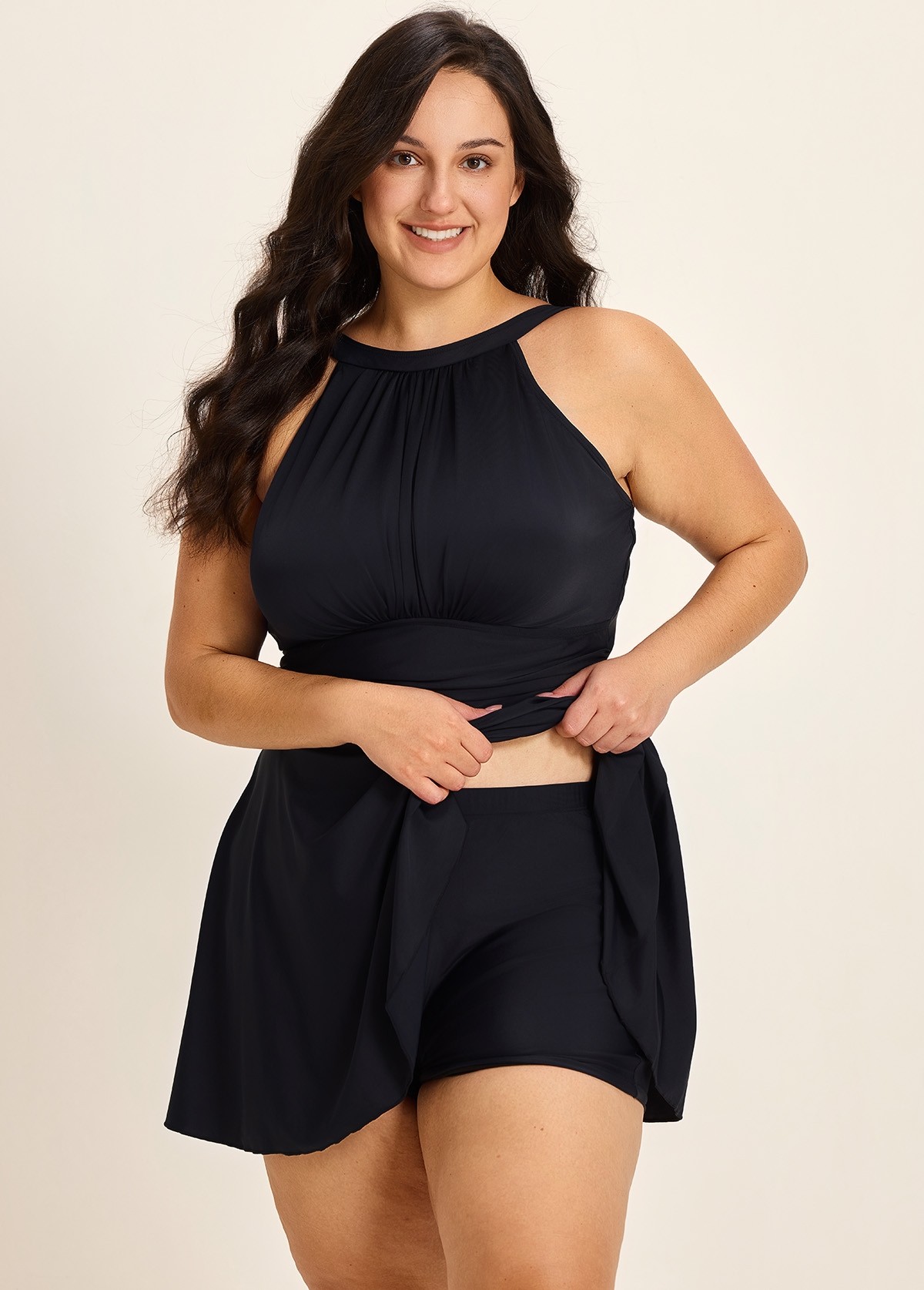 Black High Neck Side Tie With Shorts Curvy Swim Dress Swimsuit Two Pieces Swimdress Set