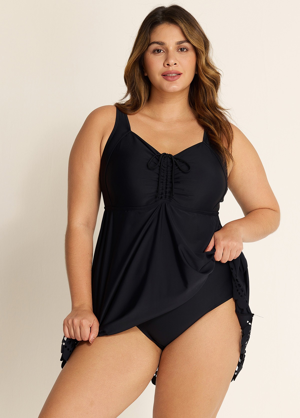 Plus Size Black Laser Cut Ruched Drawstring Swim Skirts For Women One Piece Swimdress