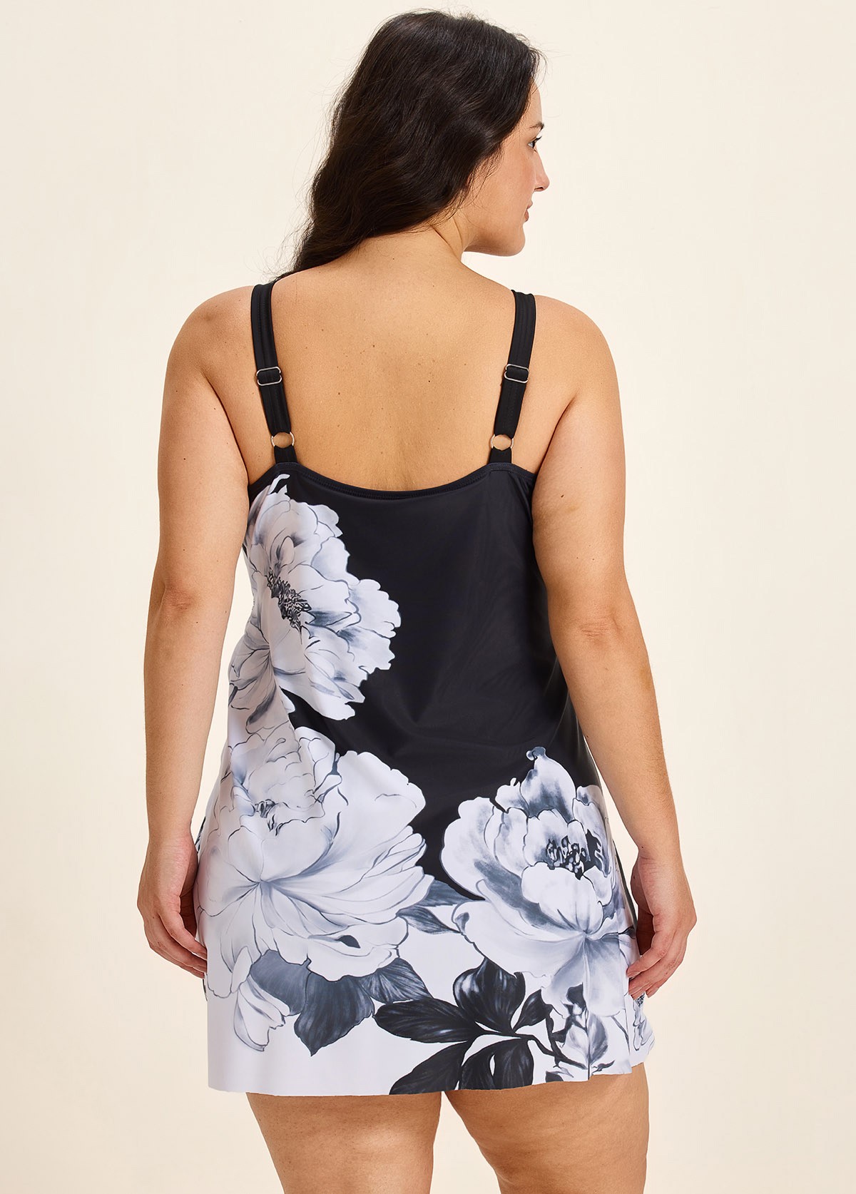 Curvy Black And White Floral Square Neck Modest Drawstring Swimsuit One Piece Swimdress