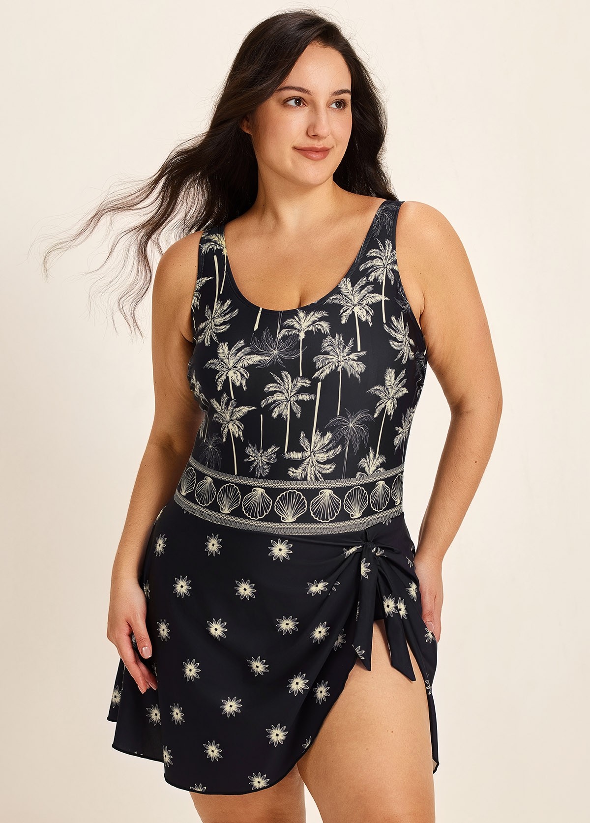 Plus Size Black Palm Tree Print Square Neck Vintage Side Knot Swimsuit One Piece Swimdress