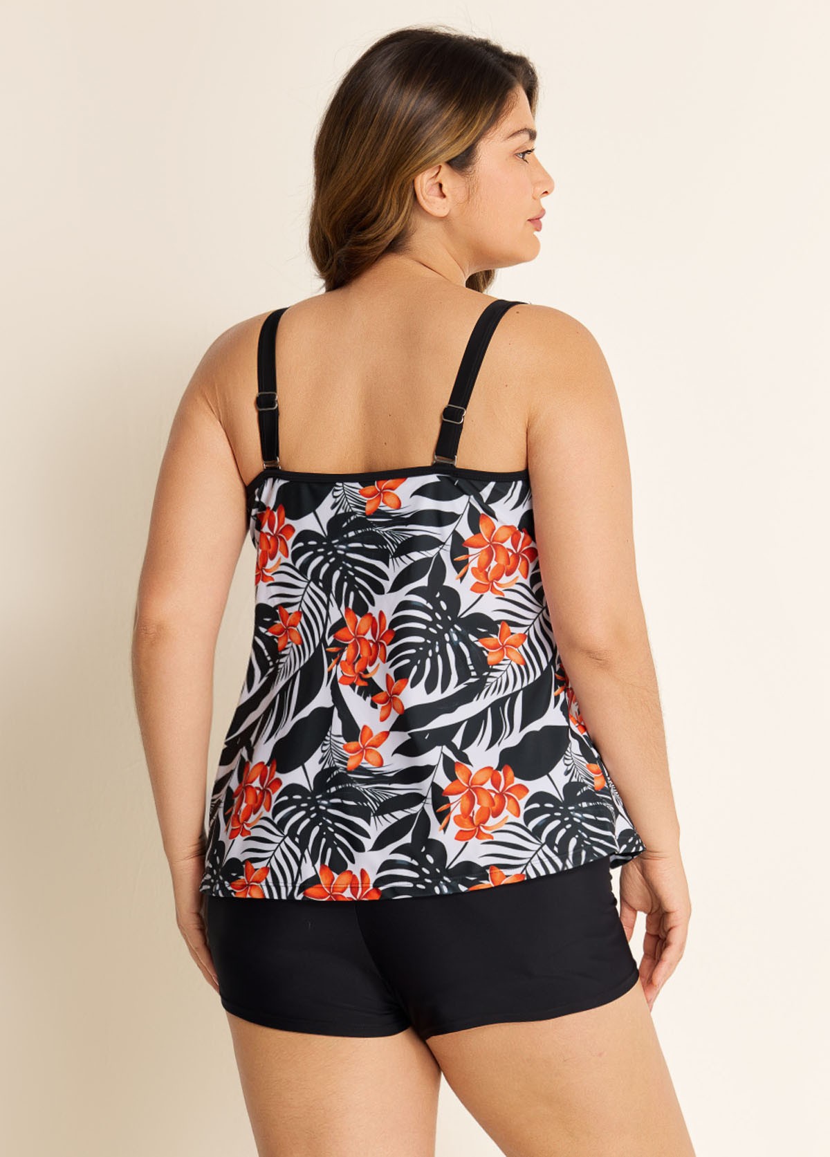 Plus Size Tropical Print Double Straps Tankini Top