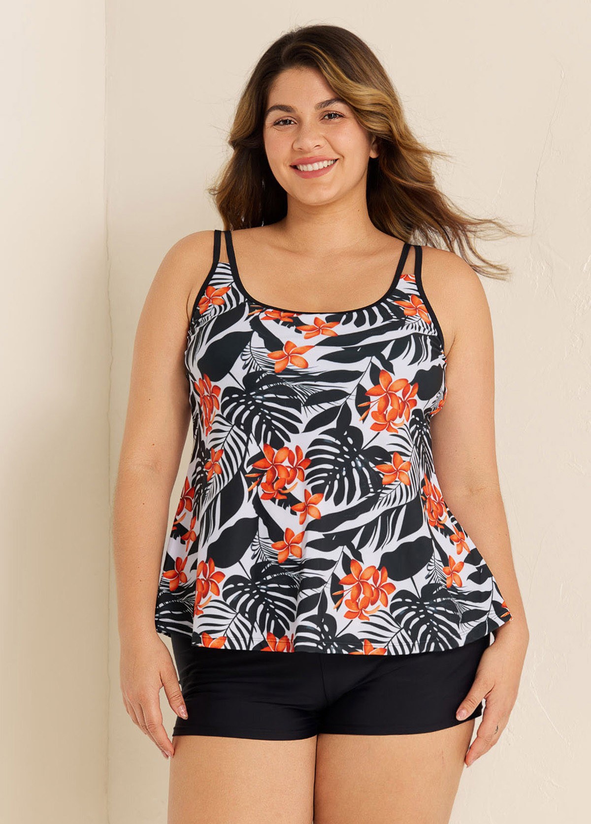 Plus Size Tropical Print Double Straps Tankini Top