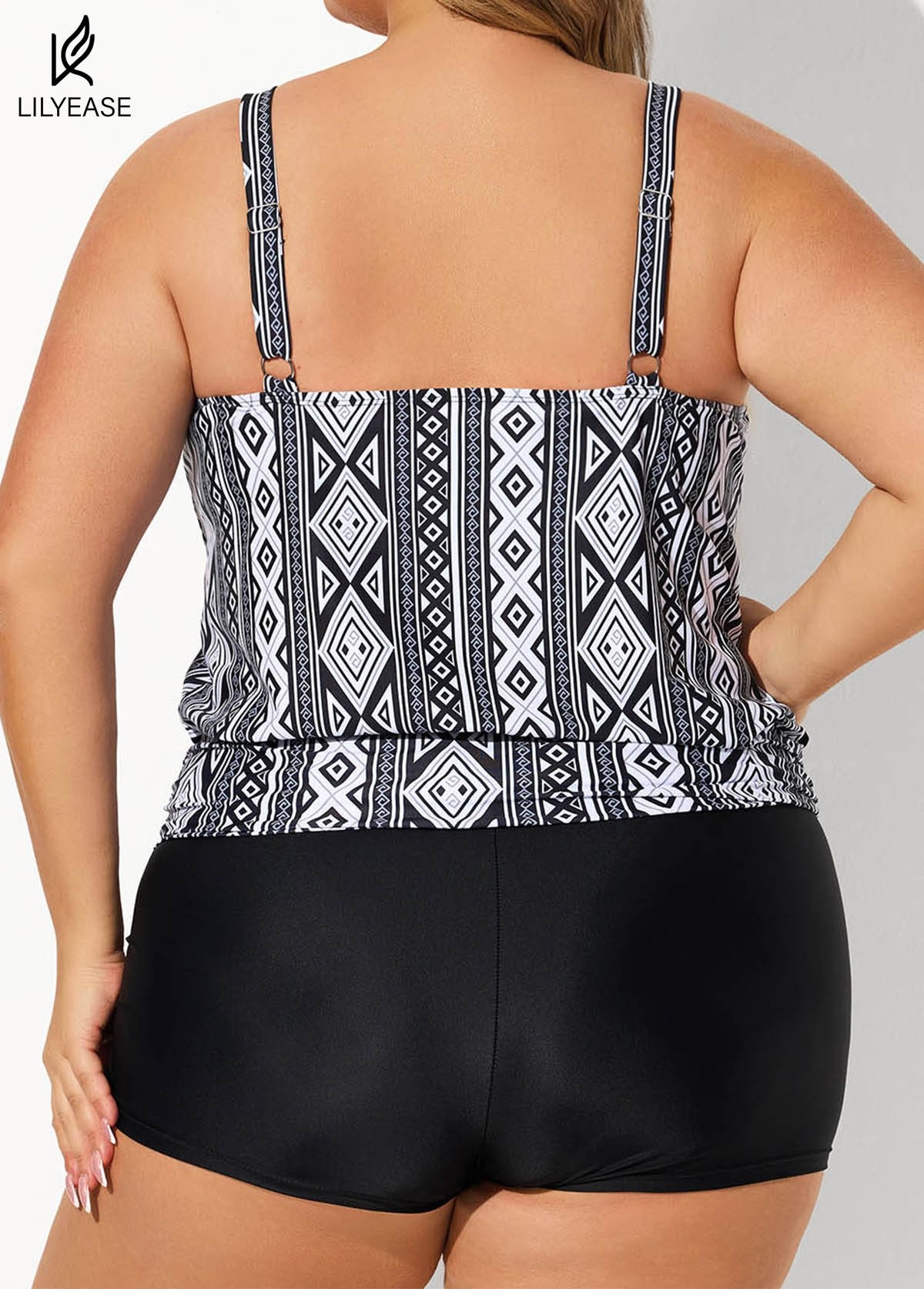 Vintage Geometric Print Double Straps Tankini Top