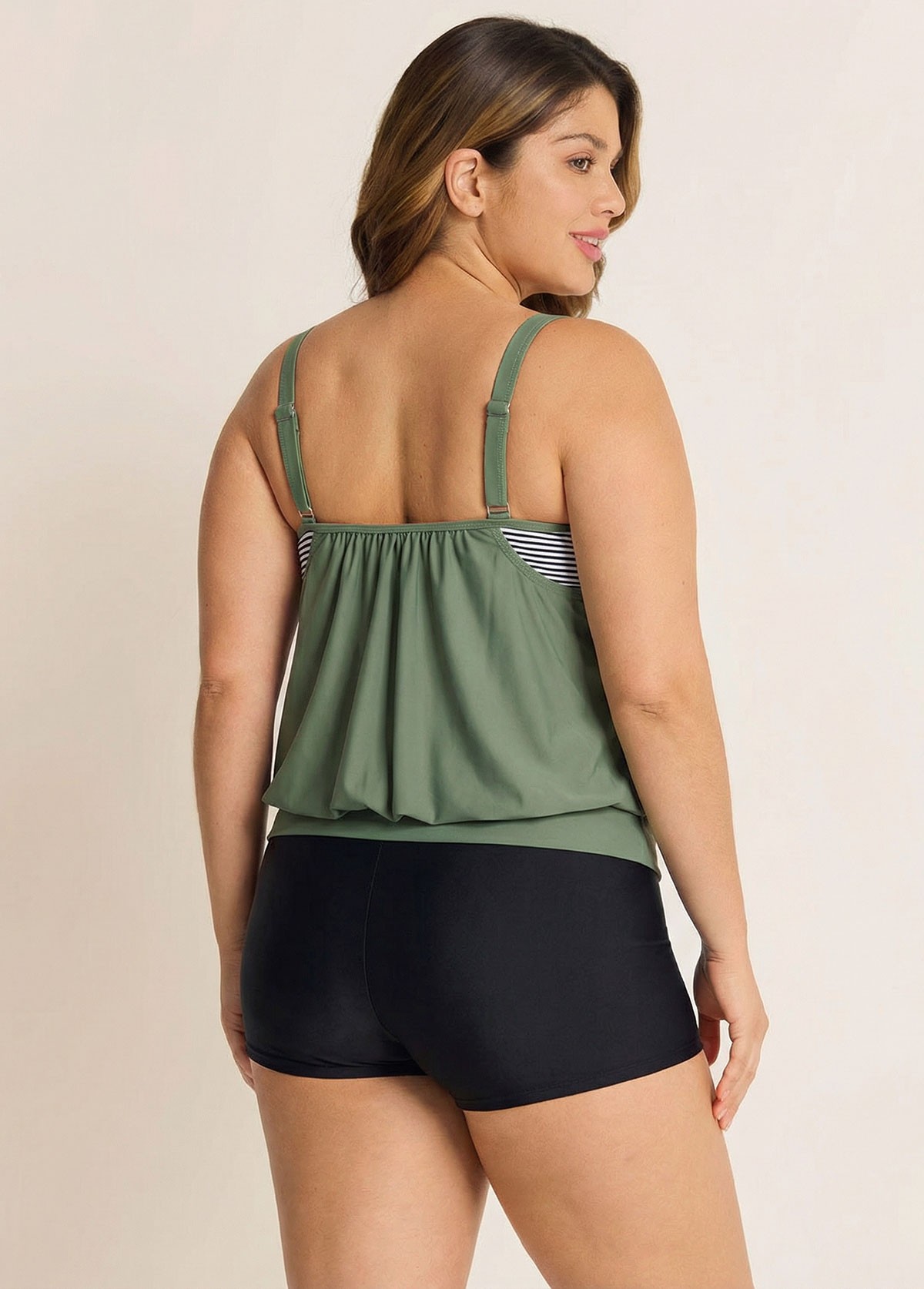 Plus Size Striped Faux Layer Adjustable Tankini Top