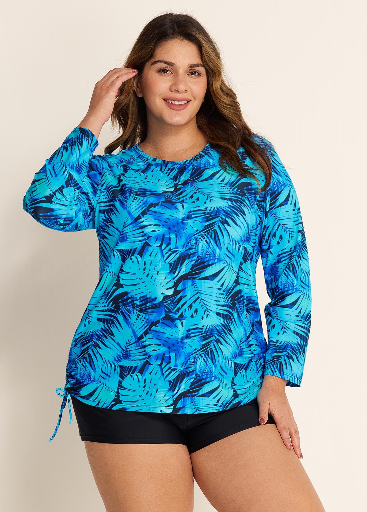 Plus Size Side Tie Adjustable Long Sleeve Rash Guard Tankini Top