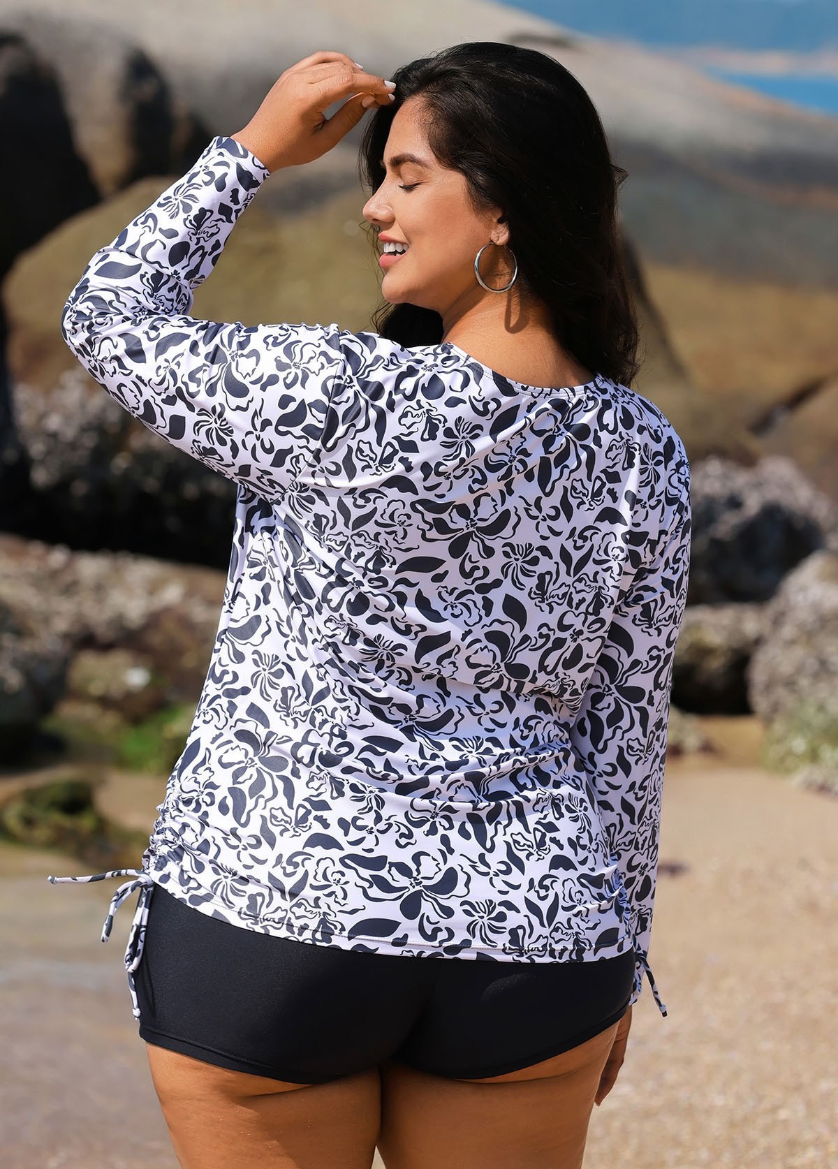 White Round Neck Long Sleeve Floral Printed Side Tie Plus Size Tankini Top