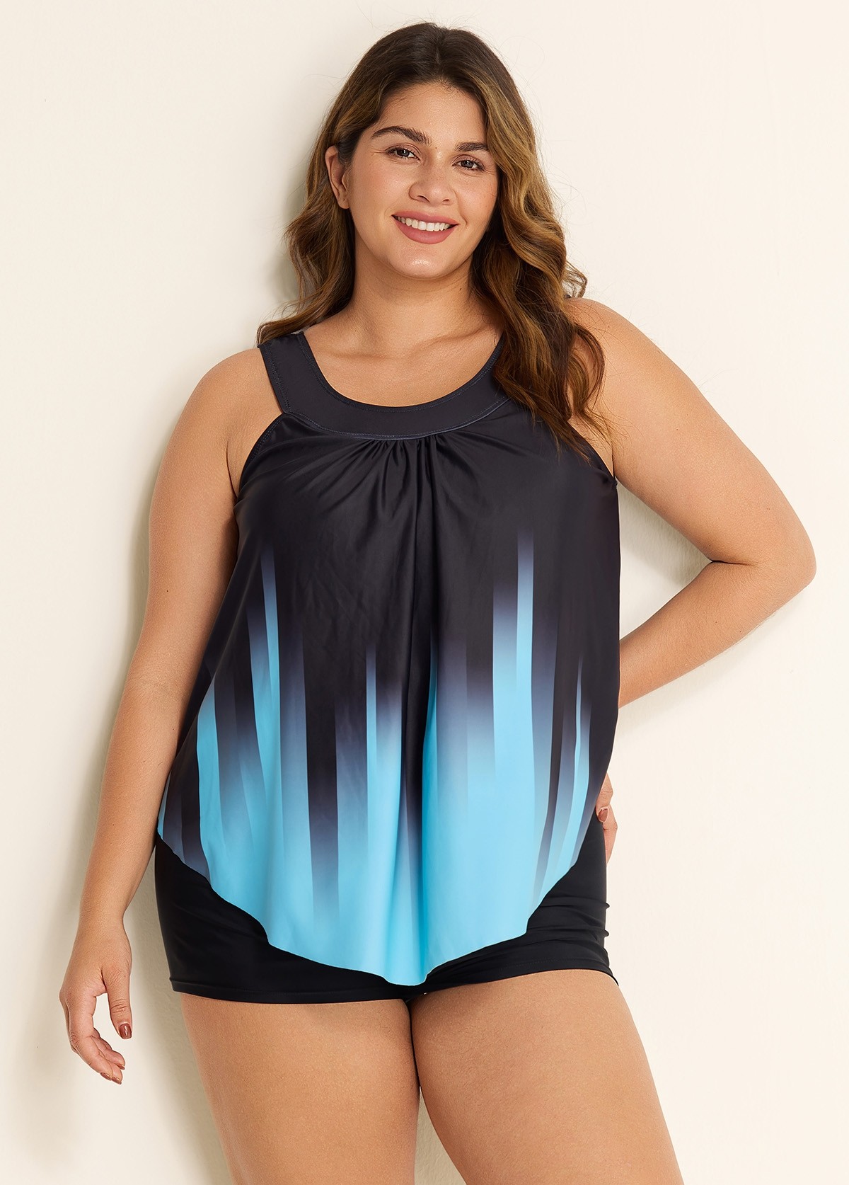Crystal Blue Ombre Print Scoop Neck Longer Length Tankini Top