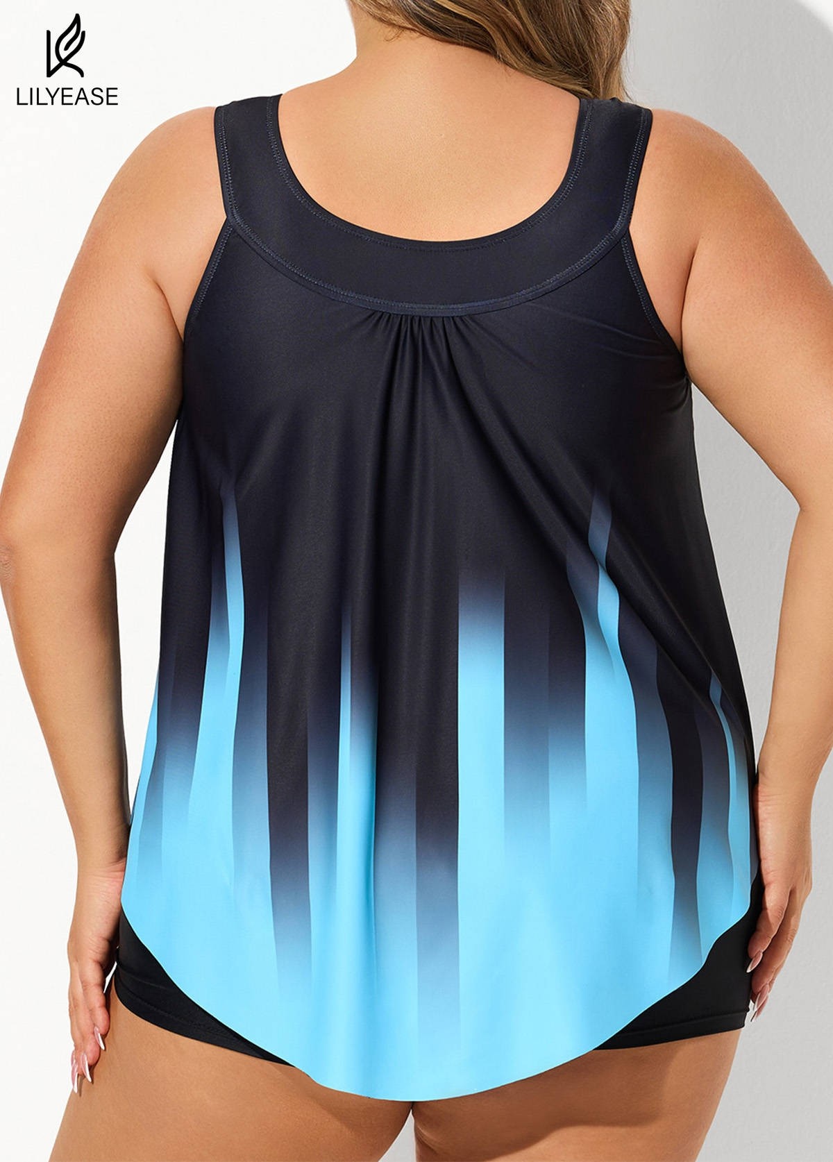 Crystal Blue Ombre Print Scoop Neck Longer Length Tankini Top