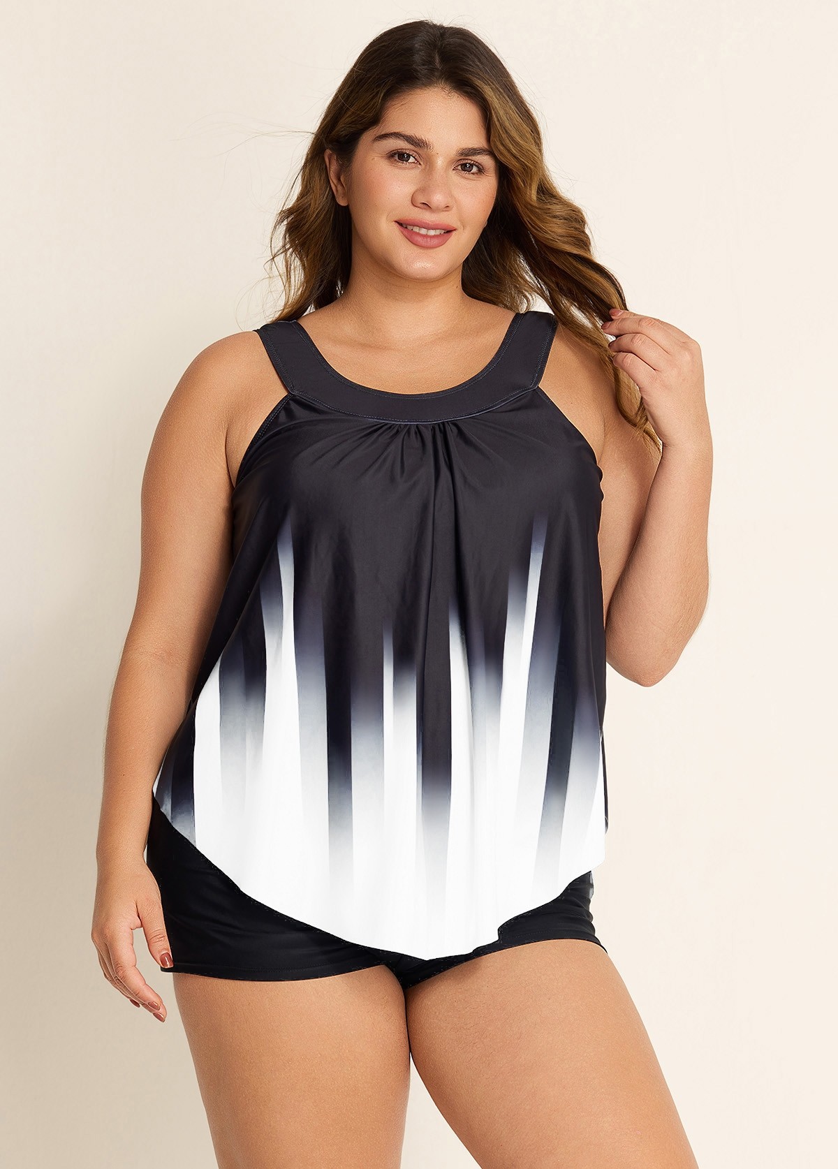 Black And White Ombre Print Longer Length Casual Tankini Top