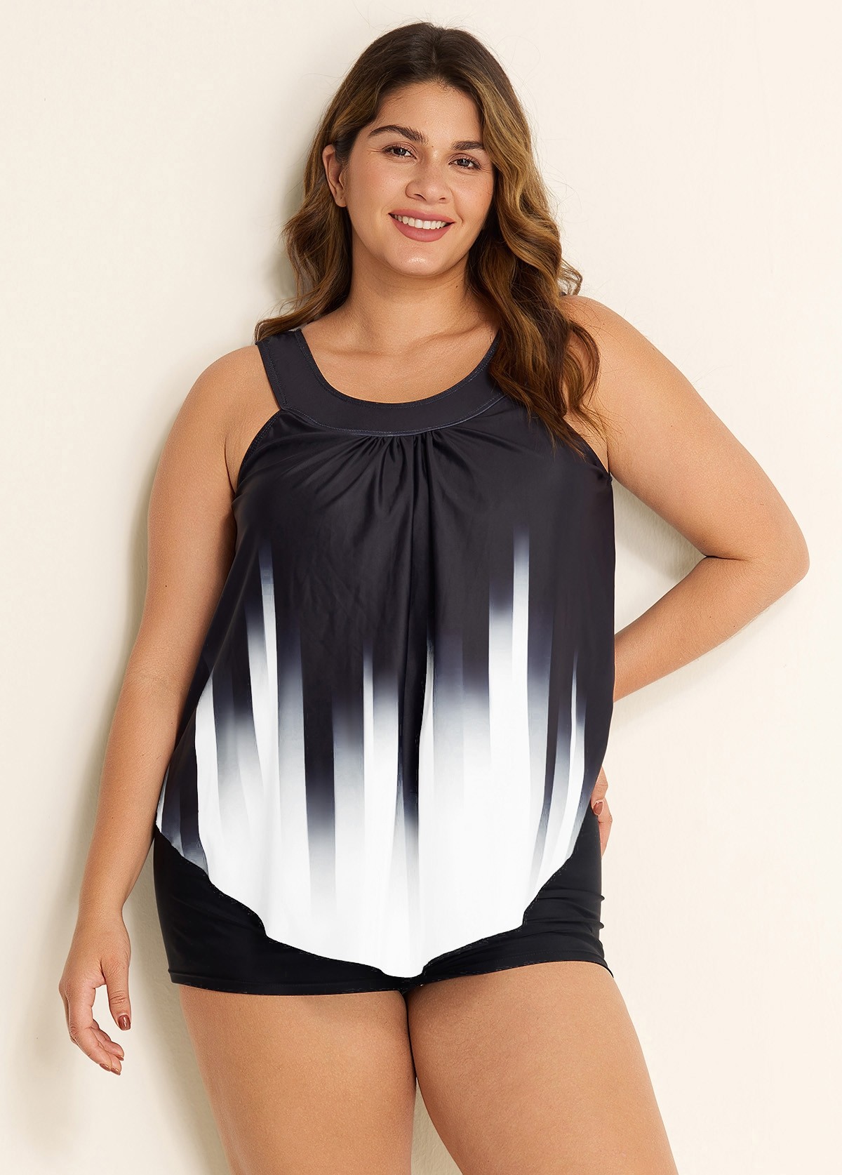 Black And White Ombre Print Longer Length Casual Tankini Top
