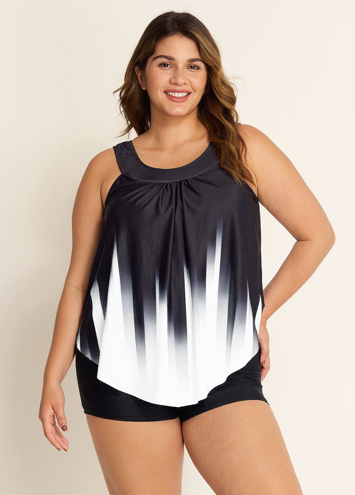 Black And White Ombre Print Longer Length Casual Tankini Top