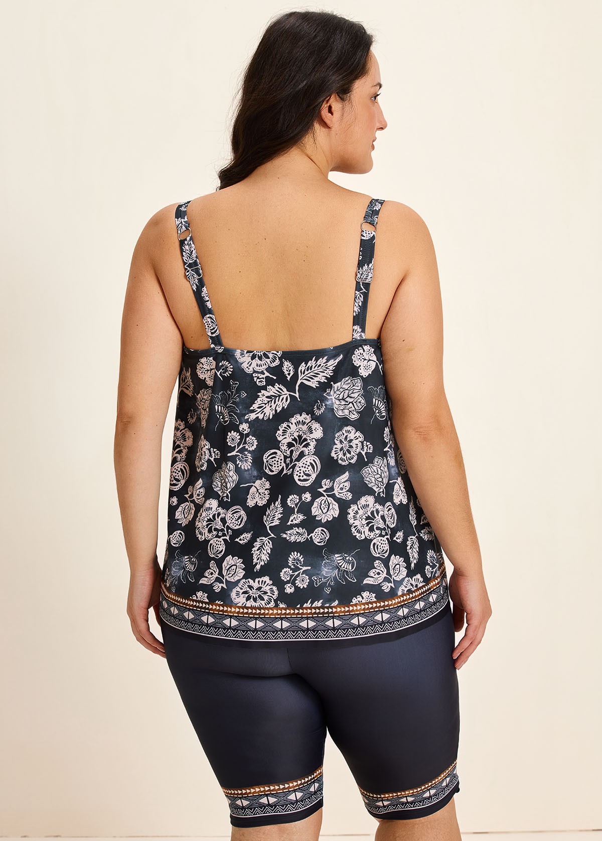 Black Vintage Floral Print Modest Asymmetrical Hem Curvy Swimsuit Two Piece Long Tankini Set