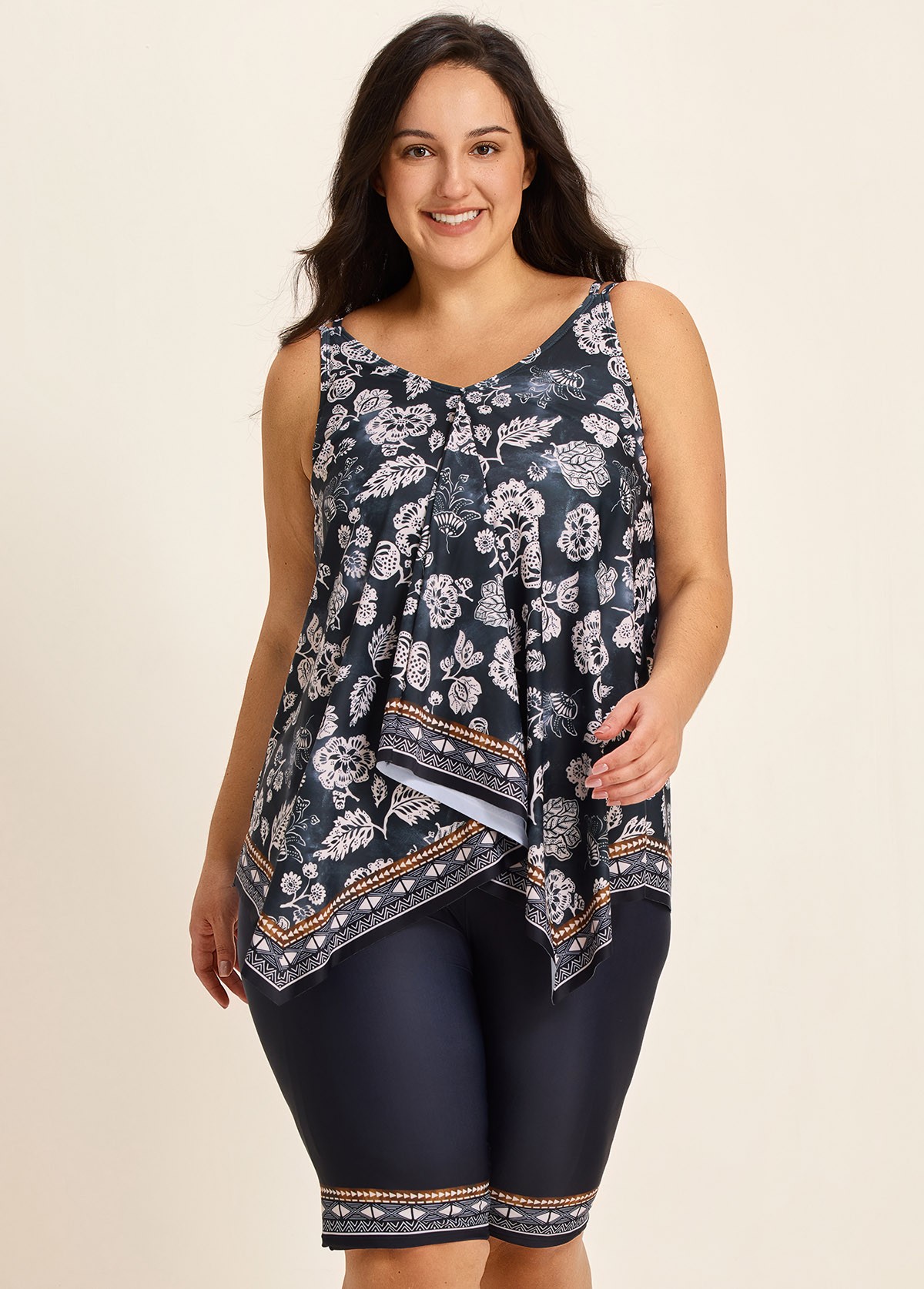 Black Vintage Floral Print Modest Asymmetrical Hem Curvy Swimsuit Two Piece Long Tankini Set