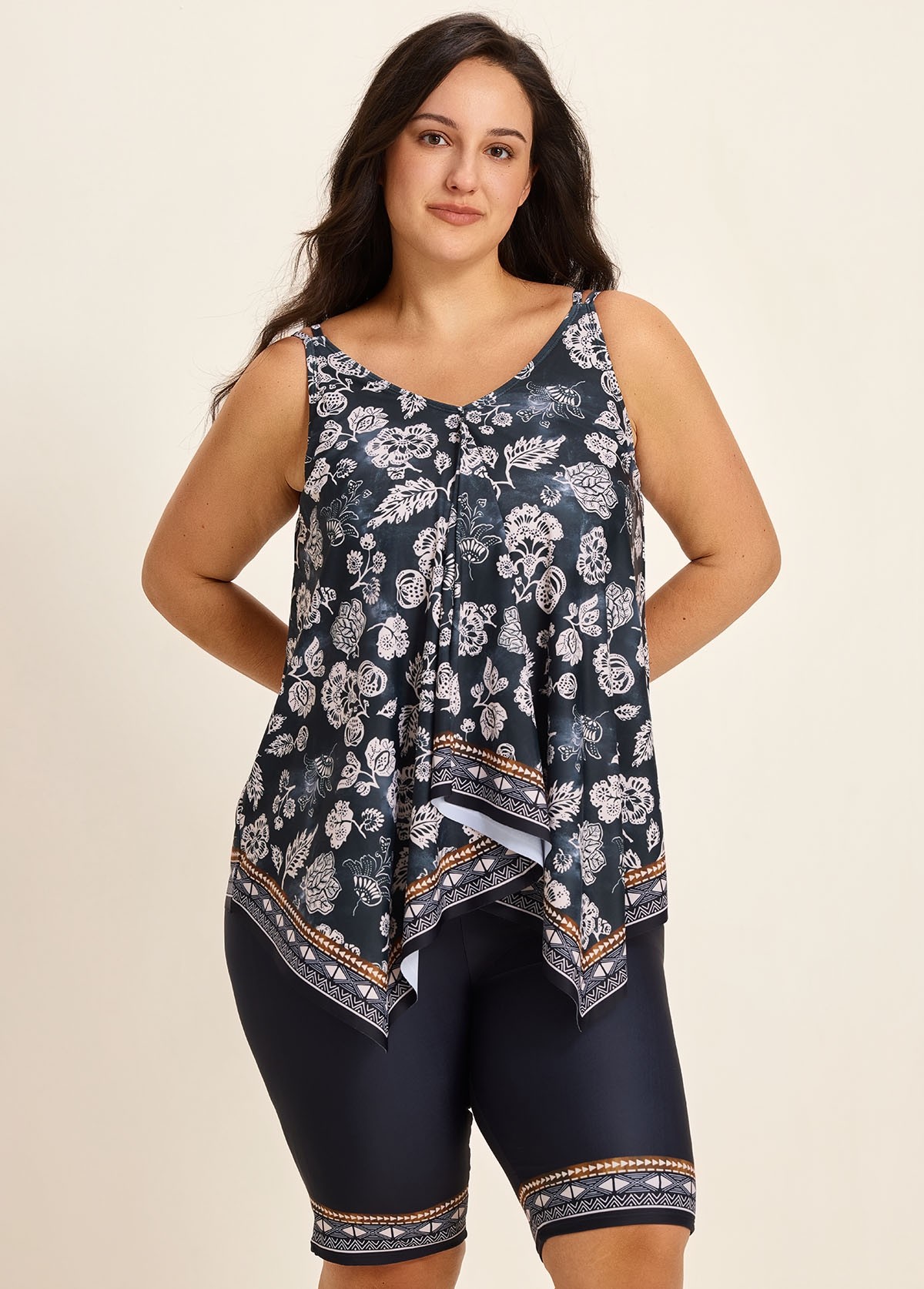 Black Vintage Floral Print Modest Asymmetrical Hem Curvy Swimsuit Two Piece Long Tankini Set