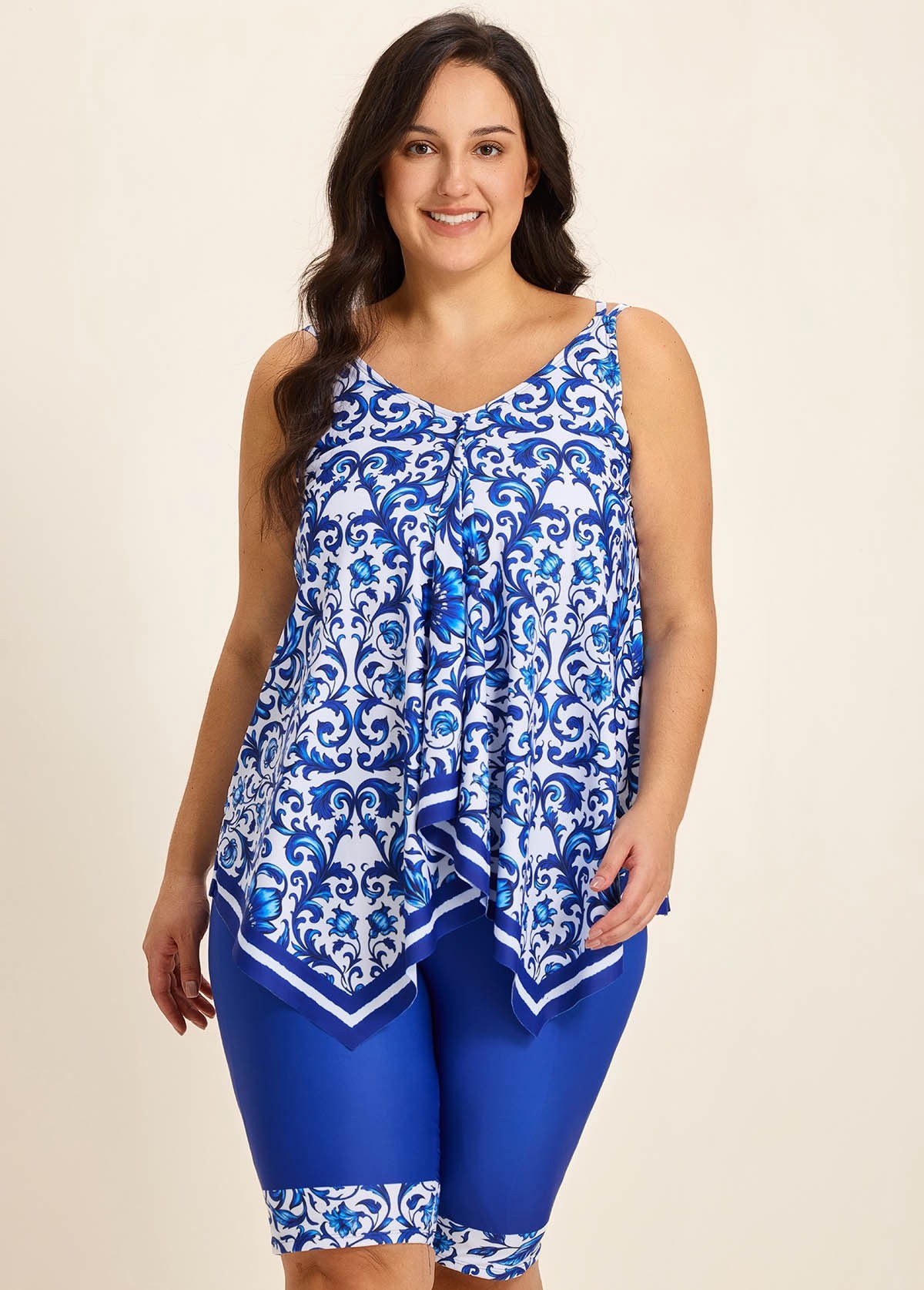 Plus Size Blue Floral Print Flowy Asymmetrical Hem Swimsuit Two Piece Long Tankini Set