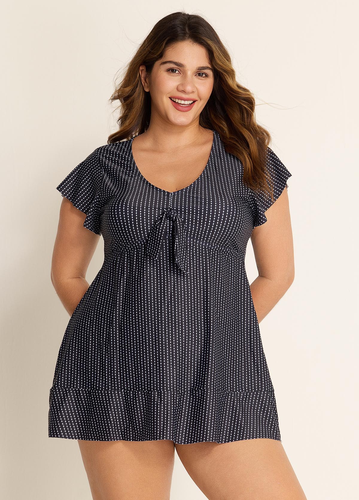 Deep V-neckline Tie Front Women Tankini Top