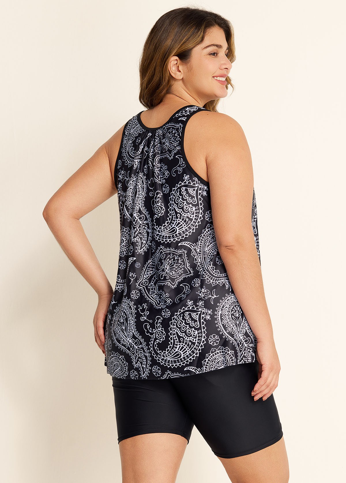 Black Paisley Loose Fit Plus Size Women Tankini Top